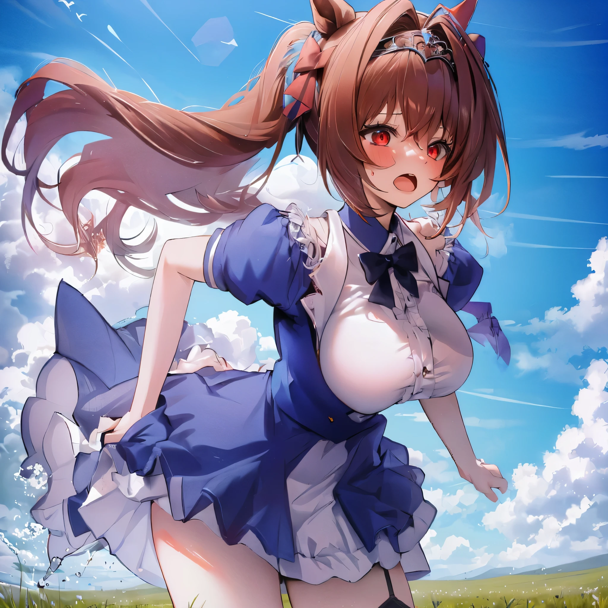 solo 1 girl (running at grass field), landscape, ( too short miniskirt:1.2), (huge perky breasts:1.2), bursting breasts, short torso, inconceivably thin waist, lifting own skirt, (thin long legs), nose blush, open mouth, (nsfw), heavy breathing, orgasm