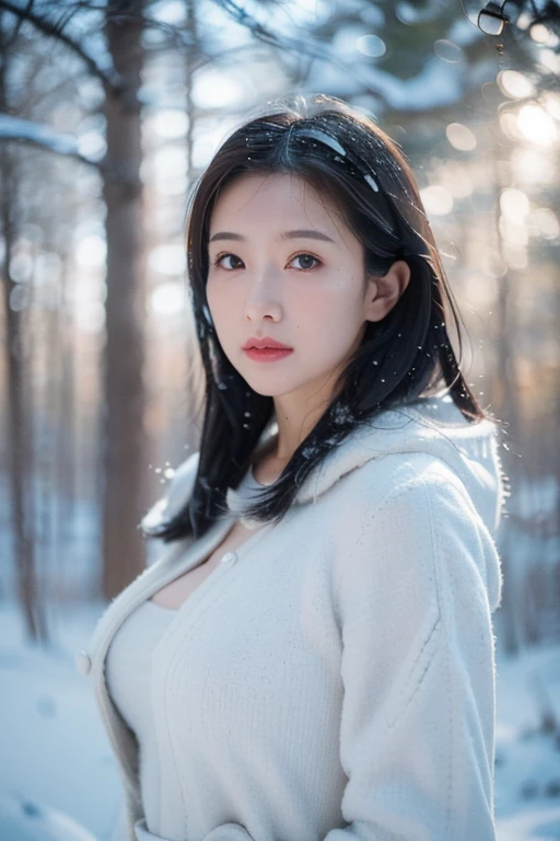 Rule of third composition portrait, (RAW photo:1.2), (photorealistic:1.4), shot by Sony alpha 7 iv, 85mm lens, f/1.4, ISO 100, (masterpiece:1.2), (intricate detailed), (best quality:1.2), (professional photography), (realistic:1.5), (soft light:1.3), (defuse lighting:0.7), (ambient lighting:0.6), (rim lighting,:1.2), fine textures, (depth of field:1.2), (bokeh:1.2), (face focus:1.5), film overlay, film grain, women model large breasts900CC, See the ridges of the full body shape, Open field covered with snow There was sunlight filtering through the branches of the trees in the forest. There are big trees covered with snow, The snow was so thick, the trees looked completely white, The overall atmosphere is calm, warm and romantic,