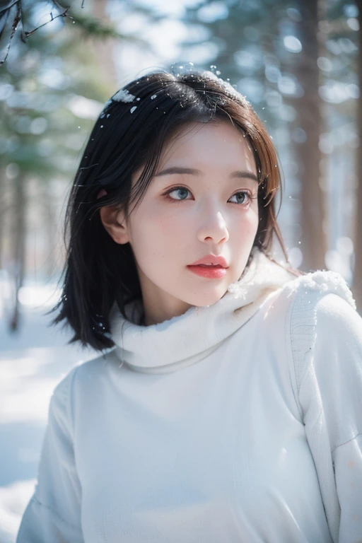 Rule of third composition portrait, (RAW photo:1.2), (photorealistic:1.4), shot by Sony alpha 7 iv, 85mm lens, f/1.4, ISO 100, (masterpiece:1.2), (intricate detailed), (best quality:1.2), (professional photography), (realistic:1.5), (soft light:1.3), (defuse lighting:0.7), (ambient lighting:0.6), (rim lighting,:1.2), fine textures, (depth of field:1.2), (bokeh:1.2), (face focus:1.5), film overlay, film grain, women model large breasts900CC, See the ridges of the full body shape, Open field covered with snow There was sunlight filtering through the branches of the trees in the forest. There are big trees covered with snow, The snow was so thick, the trees looked completely white, The overall atmosphere is calm, warm and romantic,