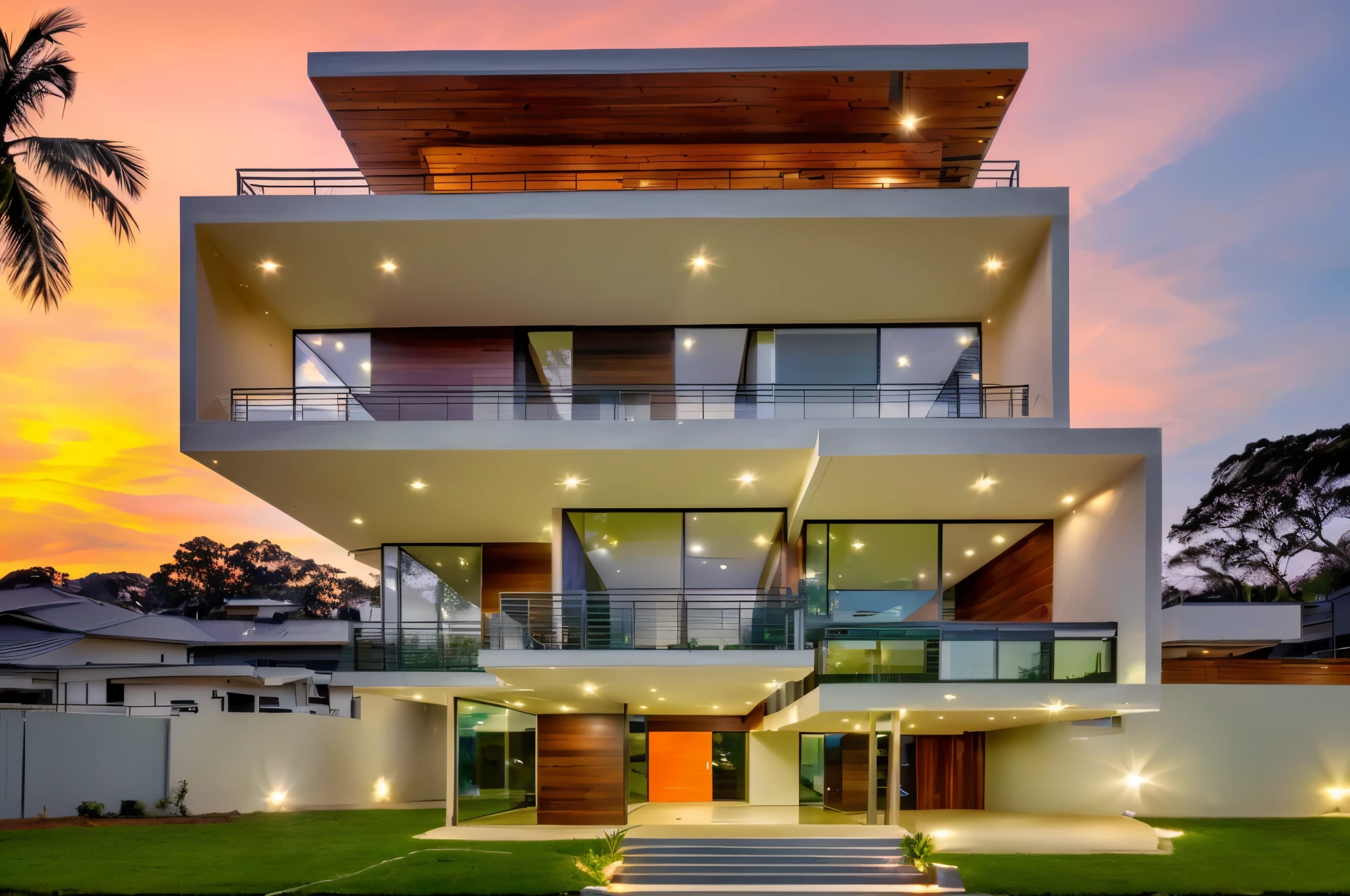 exterior contemporary house in the sunrise, ((halfway up the tropical hill)), cladding stone mix width nature wood material, glass rail, plants on balcony, glasses window, nice landscape with tropical trees and plants, green grass,navy blue and orange color scheme