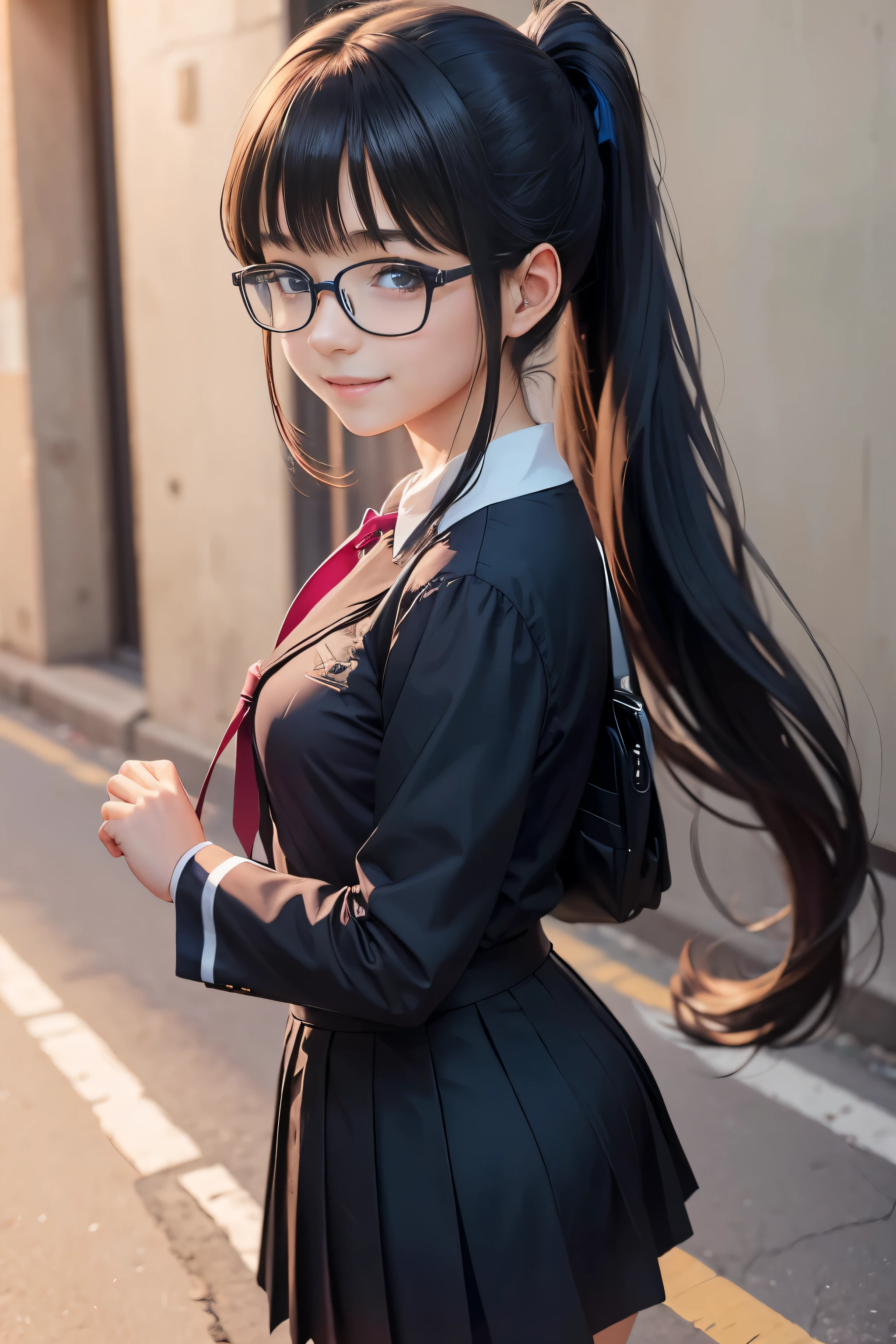 beautiful girl, walk to school, Dark blue Catholic , Long hair in a ponytail,, smooth, glasses, smile brightly, anime