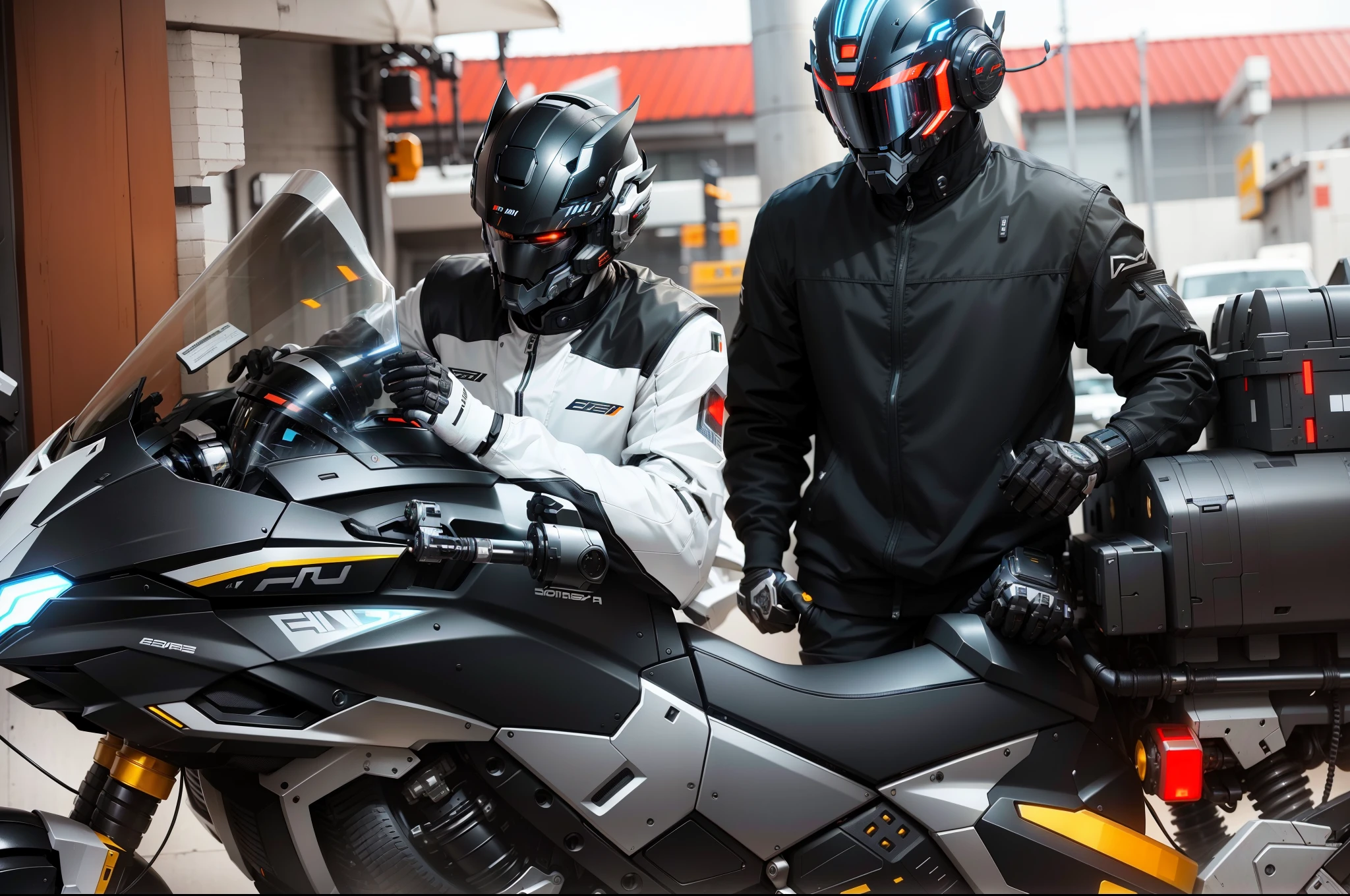 Handsome full body black mecha white short hair cyber handsome warrior, Black Cyber Mechanical Motorcycle, High-tech black full-face helmet, white short hair, Noor, biology, MSHN people, High-tech helmet, Surrealism, steel, complex design, Crazy details, Exquisite details, The lines are extremely clear, light, photorealism, detailed masterpiece