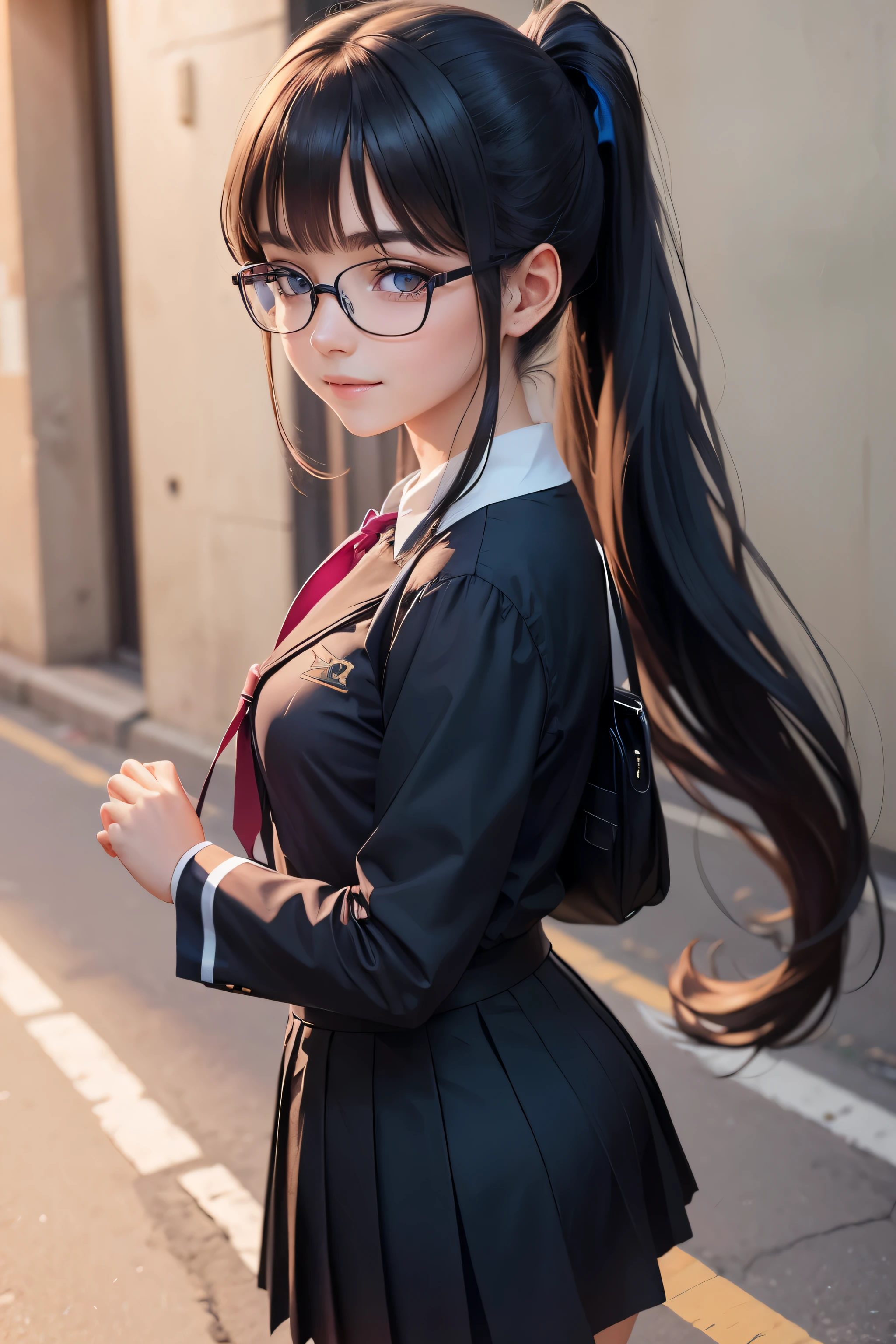beautiful girl, walk to school, Dark blue Catholic , Long hair in a ponytail,, smooth, glasses, smile brightly, anime