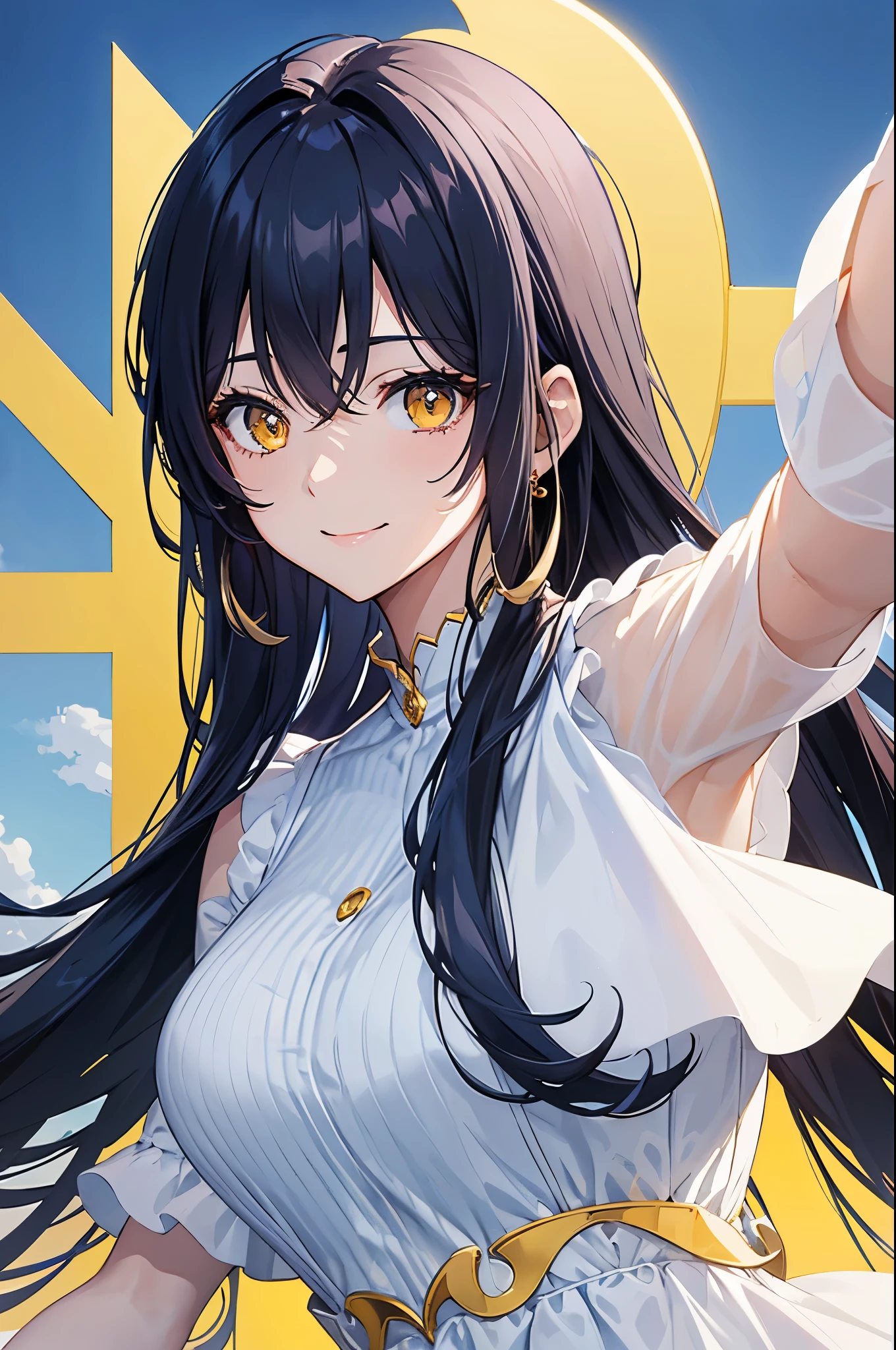 Cover magazine. anime, A woman. long hair. navy hair. Dark blue hair. golden eyes. Yellow eye. Half Body potrait. Upper body. Smile. Cute elegan dress. Light color dress. White dress. Casual dress. Blue sky background