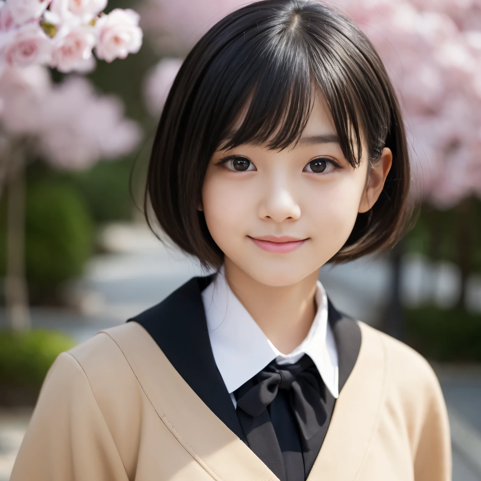 Best-quality, Masterpiece, Ultra-High-Resolution, (Photorealistic:1.4), Raw-Photo, 1girl, 15-years-old, the most famous Japanese idol, (wearing only Japanese-school-uniform, jacket), innocent smile, extremely cute face like the most popular Japanese idol, (((extremely beautiful big-black-eyes))), extremely beautiful black-short-cut-haired, extremely beautiful long-eyelashes, extremely beautiful lips, extremely beautiful skins, detailed big-black-eyes, detailed Japanese-school-uniform