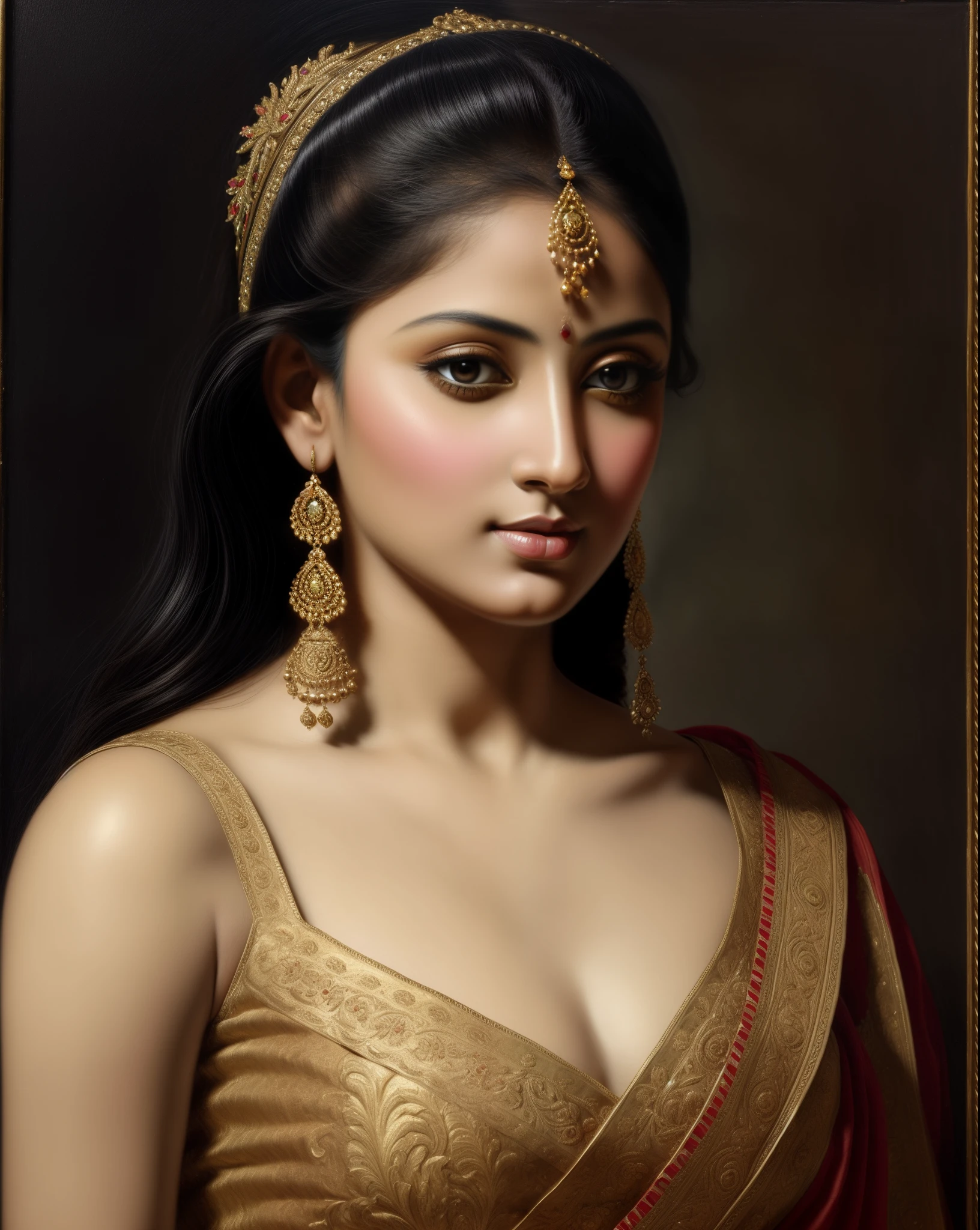 Beautiful Indian Woman, wearing saree, sari Beauty, gorgeous, Apsara, Maharani, royal queen woman, nymph from Hindu Mythology, Urvashi, matchless beauty, Highly detailed, Oil Painting by Peter Paul Rubens inspired by Raja Ravi Varma, Matchless beauty, captivating, gorgeous, heavenly beauty, celestial beauty, by Peter Paul Rubens, 1893, realistic, hyper realistic, micro details, incredible artwork, insane details, ultra High resolution, 8k, 32k, acrylic on canvas, intricate, flawless, detailed, detailed face, detailed eyes, masterpiece, by Peter Paul Rubens, by Caravaggio, by William Adolphe bouguereau, perfect face, perfect body, beautiful art, realism, baroque, renaissance Art, highly textured, beautiful and detailed eyes, uhd, best quality,