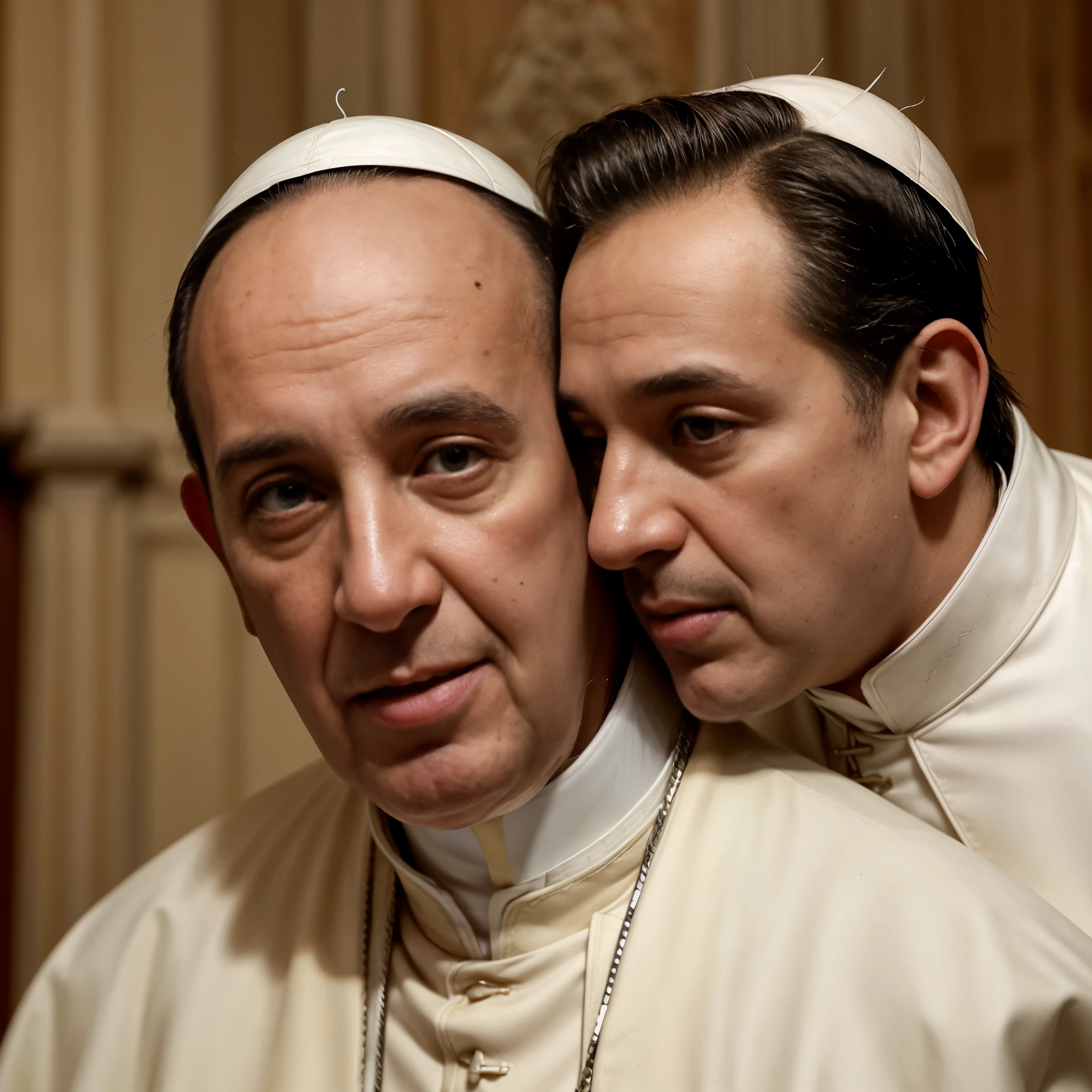 a monkey (facial hair) forehead-to-forehead with Pope Francis