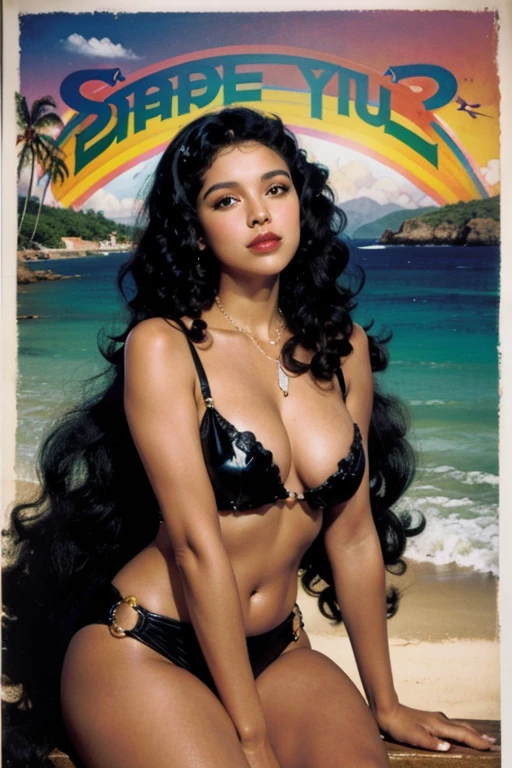 Style of an art deco travel poster, painted in a rainbow of color. 35 year old beautiful Puerto Rican woman. Island life in the background. Natural lighting, very colorful, shoulder length black curly hair, voluminous long black curly hair, messy long black curly hair, frizzy long black hair.