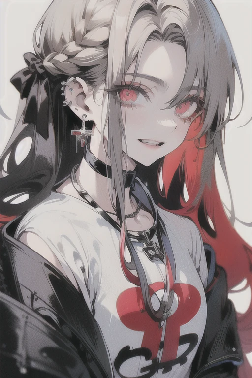 masterpiece, ultra detailed, beautiful, exquisite, female, glad, happy, hopeful, proud, intelligent, smiling, neutral, serious look, looking at viewer, looking ahead, front view, long hair, braids, french braids, wave hair, center part, long hair, braid, half updo, wavy hair, black hair, blonde, red hair, colored inner hair, pink eyes, red eyes, eyes open, big eyes, wide-eyed, pale skin, fair skin, shiny skin, detailed skin, detailed face, pale skin, slim, slender, curvy, hair ribbon, piercing, earrings, necklace, 20-year-old, young adult, adult, white background, gray background, flat background, cute, beautiful, dark fantasy, light atmosphere, anime, main artwork, concept art, soft-edged, closeup shot, headshot, macro shot, from front, front view, highly saturated colors, t-shirt, long-sleeved t-shirt, long sleeves, sweater, hoodie, cardigan