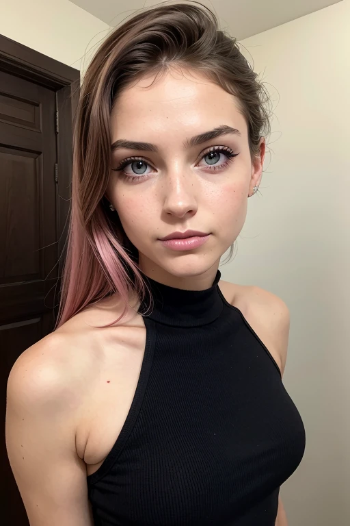 Belle fille, Marron_eyeeautiful mince adolescente de 18 ans, cheveux color [Brown highlights cheveux], [Pixie undercut] cheveux)), piercing nombril, lèvres, Réaliste, taille étroite, charmant, pink lèvrestick, maquillage coloré, Cils longs, boucles d’oreilles, porter de l’eye-liner, peau claire, (mignon), (face détaillée), Yeux détaillés, Iris détaillé, corp magnifique, corps athlétique, abdominaux prononcés sur l&#39, 