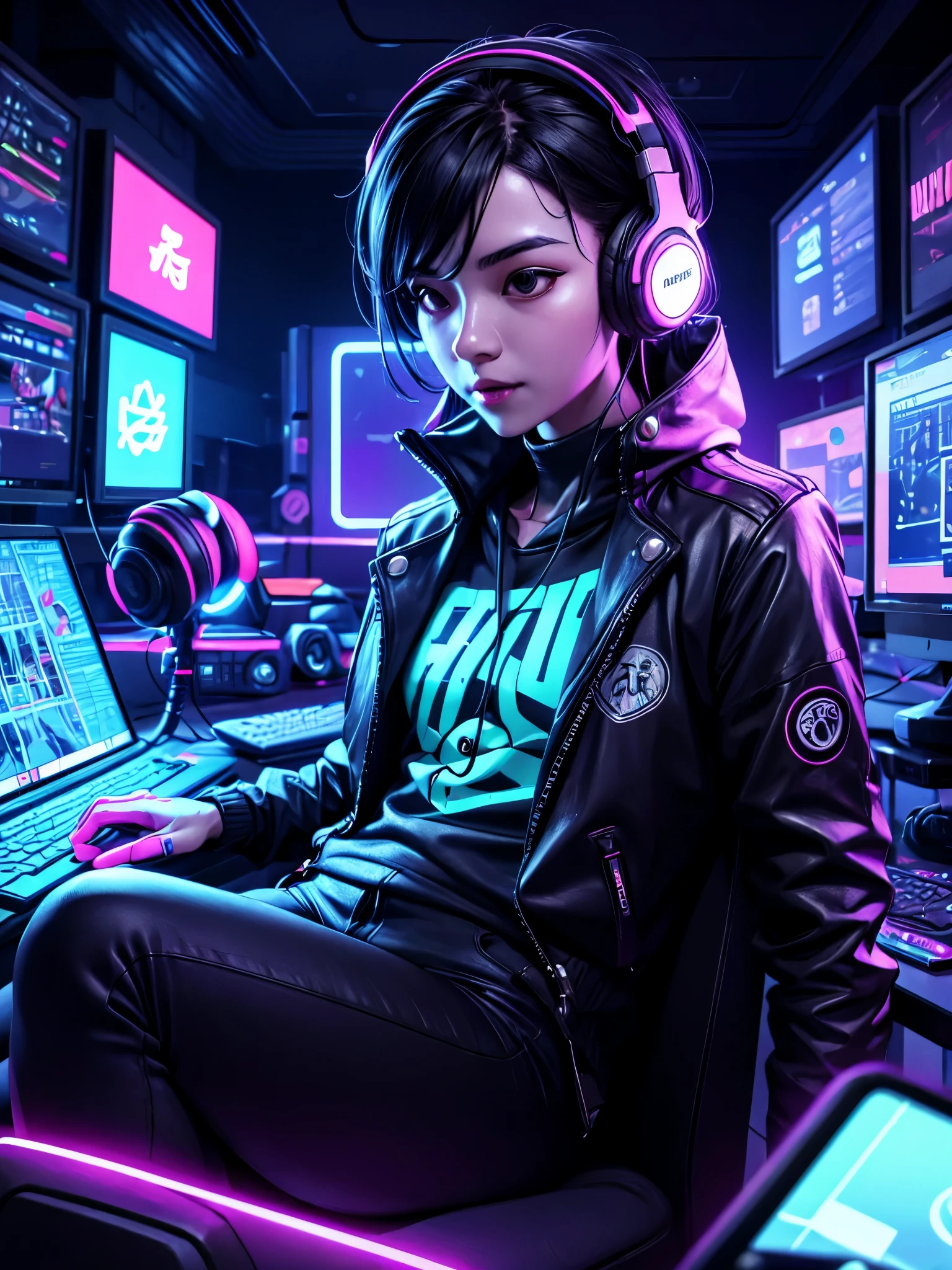 wearing headphones和牛仔夹克的女人坐在带摄像机和话筒的桌子旁，Live classes for students，wearing headphones，e-sport style，Live room，Cyberpunk with neon lights