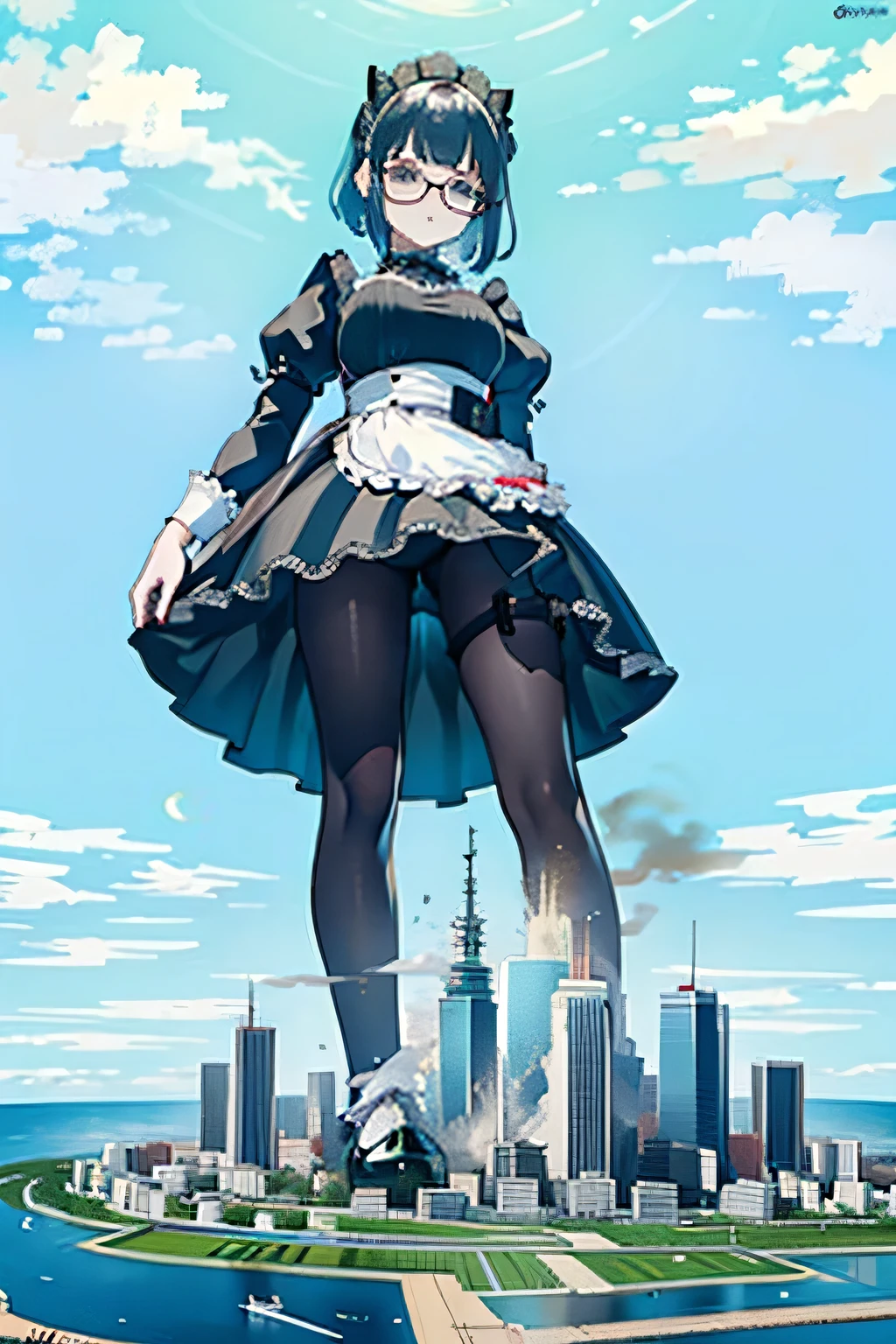 a plan of a city, giantess art, 非常に詳細なGiantショット, Giant, short hair, black pantyhose, A maid that is much bigger than a skyscraper, wearing rimless glasses, big breasts, big butt, navy maid uniform, black pantyhose, black shoes, very small metropolis, miniature metropolis, full body description, gts, giga giantess, stomping city, crash city, tiny city, micro city, maid,