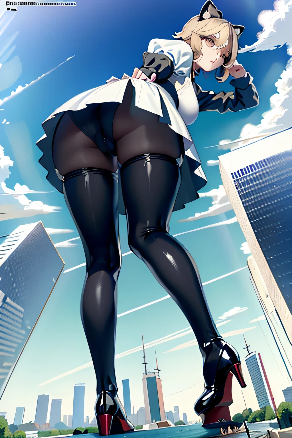 a plan of a city, giantess art, 非常に詳細なGiantショット, Giant, short hair, black pantyhose, A maid that is much bigger than a skyscraper, wearing rimless glasses, big breasts, big butt, navy maid uniform, black pantyhose, black shoes, very small metropolis, miniature metropolis, full body description, gts, giga giantess, stomping city, crash city, tiny city, micro city, maid, 