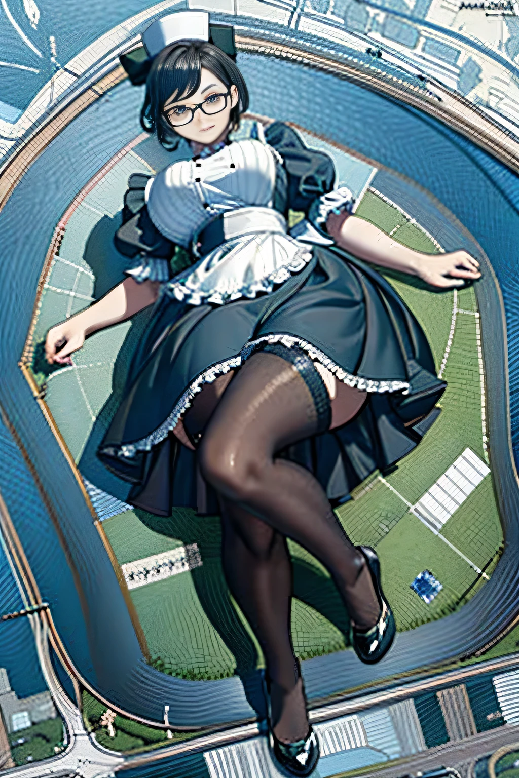 giantess art, 非常に詳細なGiantショット, Giant, short hair, black pantyhose, A maid that is much bigger than a skyscraper, wearing rimless glasses, big breasts, big butt, navy maid uniform, black pantyhose, black shoes, very small metropolis, miniature metropolis, full body description, gts, giga giantess, stomping city, crash city, tiny city, micro city, maid, a plan of a city, 