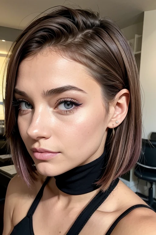 Belle fille, Marron_eyeeautiful mince adolescente de 18 ans, cheveux color [Brown highlights cheveux], [Pixie undercut] cheveux)), boucles d’oreilles, lèvres, Réaliste, taille étroite, charmant, pink lèvrestick, maquillage coloré, Cils longs, boucles d’oreilles, porter de l’eye-liner, peau claire, (mignon), (face détaillée), Yeux détaillés, Iris détaillé, corp magnifique, corps athlétique, abdominaux prononcés sur l&#39, pied ,à quatre patte, paris