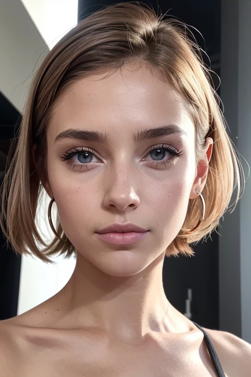 Belle fille, Marron_eyeeautiful mince adolescente de 18 ans, cheveux color [Brown highlights cheveux], [Pixie undercut] cheveux)), piercing nombril, lèvres, Réaliste, taille étroite, charmant, pink lèvrestick, maquillage coloré, Cils longs, boucles d’oreilles, porter de l’eye-liner, peau claire, (mignon), (face détaillée), Yeux détaillés, Iris détaillé, corp magnifique, corps athlétique, abdominaux prononcés sur l&#39, 