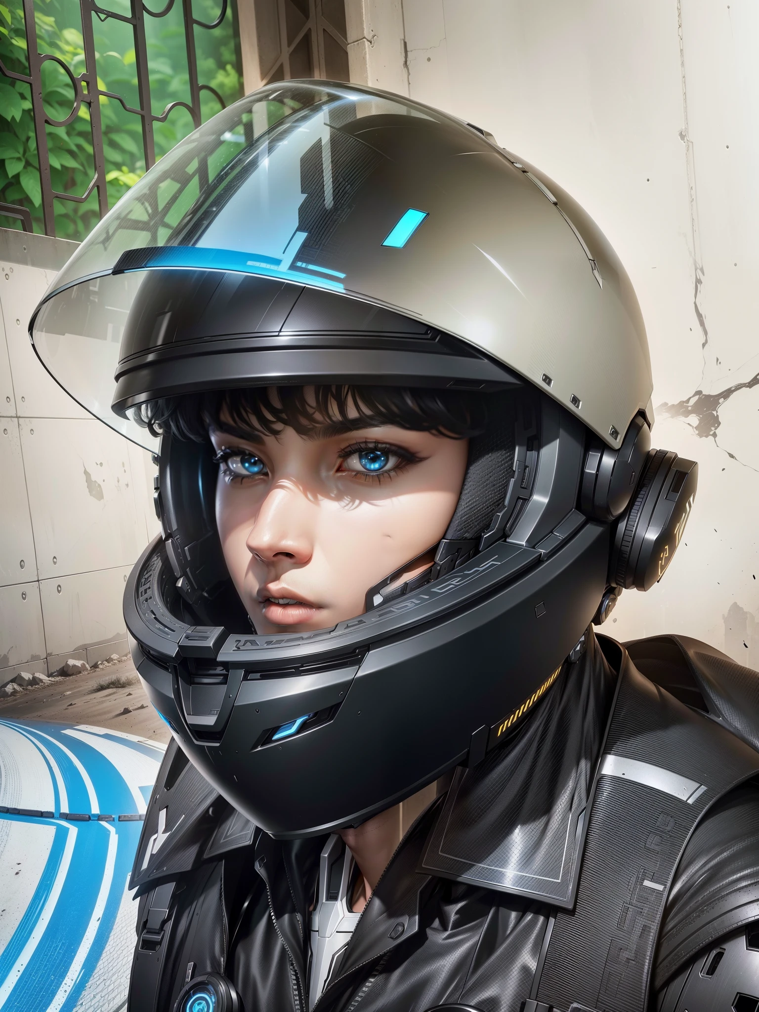 Handsome full body black mecha white short hair cyber handsome warrior, Black Cyber Mechanical Motorcycle, High-tech black full-face helmet, white short hair, Noor, biology, MSHN people, High-tech helmet, Surrealism, steel, complex design, Crazy details, Exquisite details, The lines are extremely clear, light, photorealism, detailed masterpiece