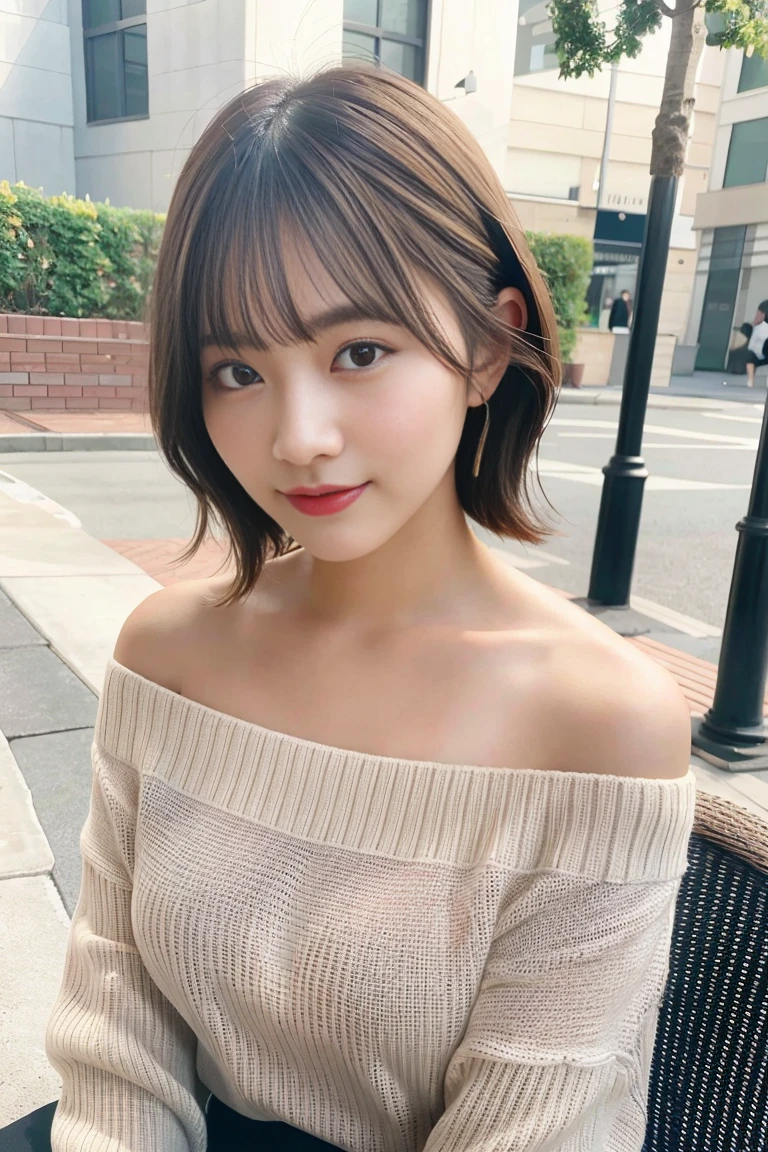 highest quality, photorealistic, 8K, High resolution, perfect lighting, nice, masterpiece, realistic, close up portrait,
1 girl, sharp eyes, wearing an off-the-shoulder sweater, medium breasts, short hair, looking at the viewer,  gentle smile, outdoor, at the cafe