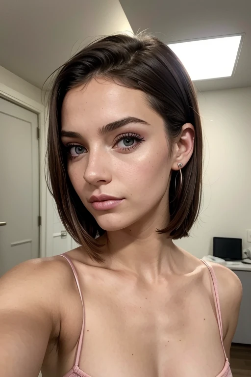 Belle fille, Marron_eyeeautiful mince adolescente de 18 ans, cheveux color [Brown highlights cheveux], [Pixie undercut] cheveux)), piercing nombril, lèvres, Réaliste, taille étroite, charmant, pink lèvrestick, maquillage coloré, Cils longs, boucles d’oreilles, porter de l’eye-liner, peau claire, (mignon), (face détaillée), Yeux détaillés, Iris détaillé, corp magnifique, corps athlétique, abdominaux prononcés sur l&#39, 