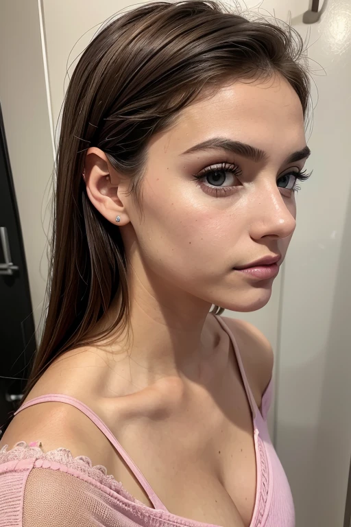 Belle fille, Marron_eyeeautiful mince adolescente de 18 ans, cheveux color [Brown highlights cheveux], [Pixie undercut] cheveux)), piercing nombril, lèvres, Réaliste, taille étroite, charmant, pink lèvrestick, maquillage coloré, Cils longs, boucles d’oreilles, porter de l’eye-liner, peau claire, (mignon), (face détaillée), Yeux détaillés, Iris détaillé, corp magnifique, corps athlétique, abdominaux prononcés sur l&#39, 