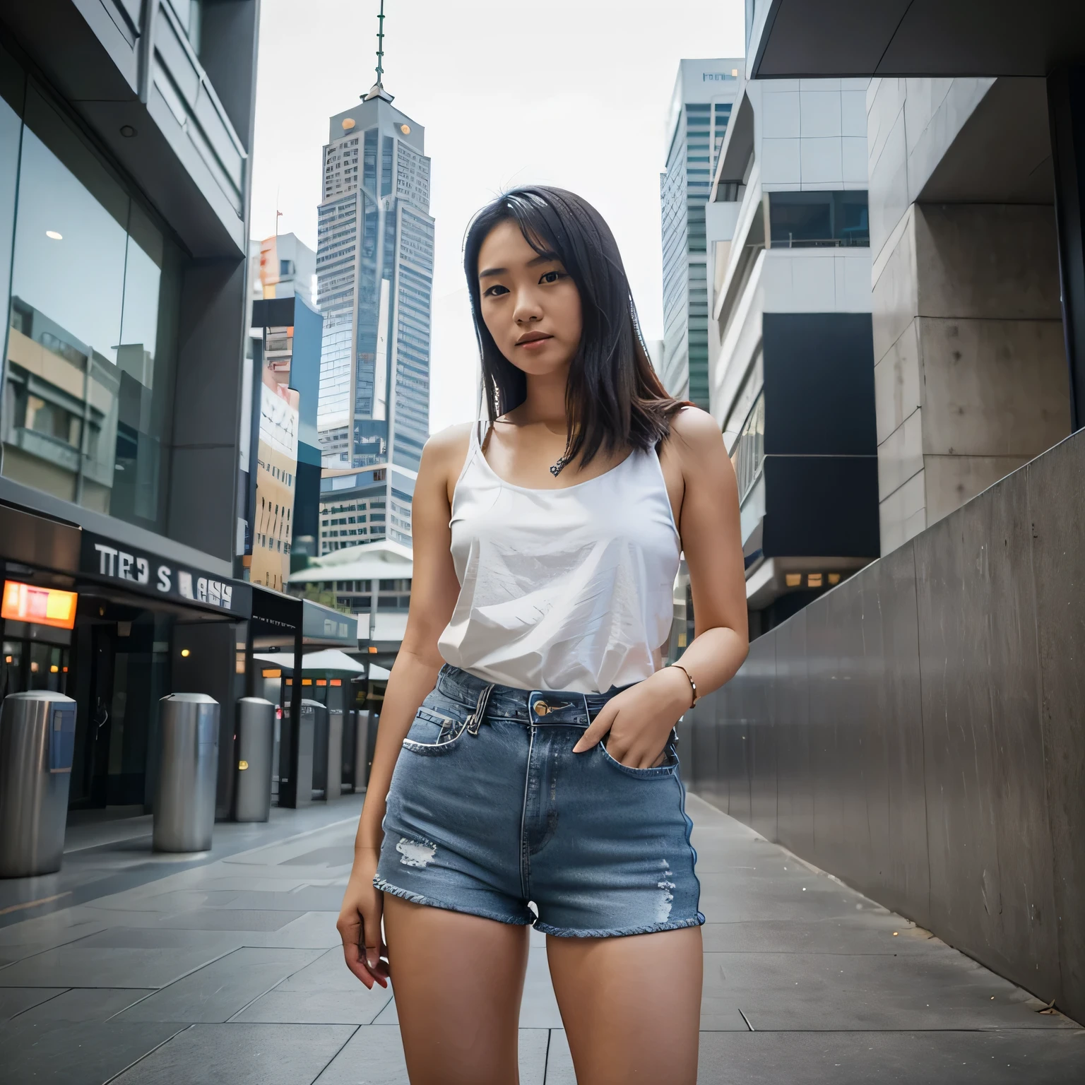 Asian girl in Melbourne , Rialto towers , Jeans shorts , posing , Melbourne Rialto towers ,