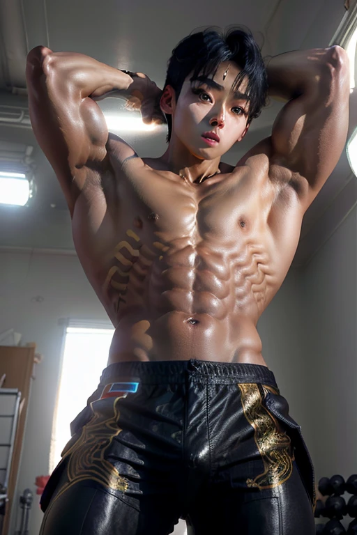 A Young Korean man , 1boy, brown skin , detailed skin, 1boy, ((realistic)), abs, good lighting quality, muscle veins, ((brown skin)), Gym, (masterpiece, ultra quality, high resolution, 8k, intricate:1.2), (detailed face:1.2), handsome, wearing tight black boxer, bulge, 1boy,solo, balance eyes