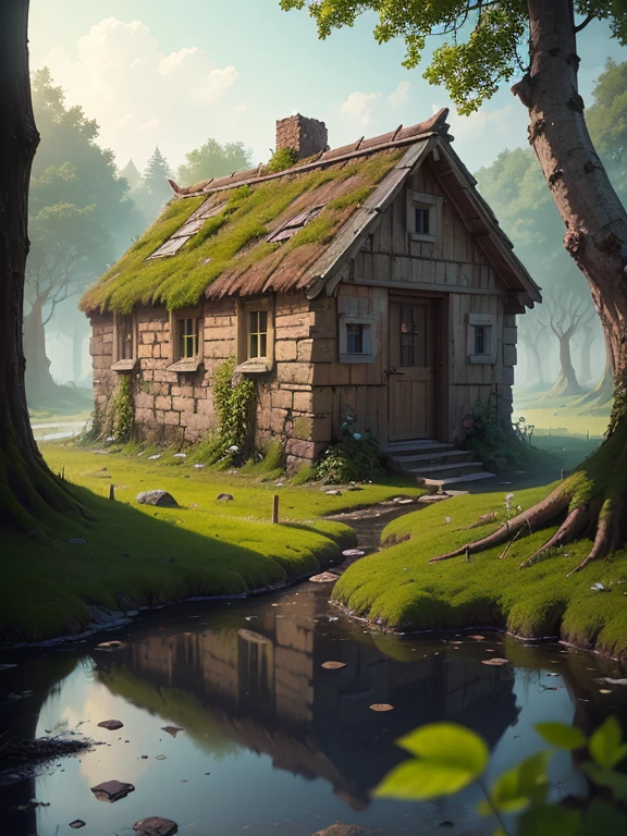 (Numerous award-winning masterpieces of, with incredible detail, textures and maximum detail), (an ultra realistic:1.4), (Realistic:1.3), (best quality real texture skin), (There are several medieval huts built illegally and parasitically in a forgotten and desolate medieval fort), (With the remains of a medieval fort covered in moss and ivy), (There are some slightly crumbling huts), (medieval architecture that is returning to nature), (Eroded by clear water), (Tree roots, ivy plants and beautiful plants crawling on stone walls), (Partially collapsed buildings: 0.6)