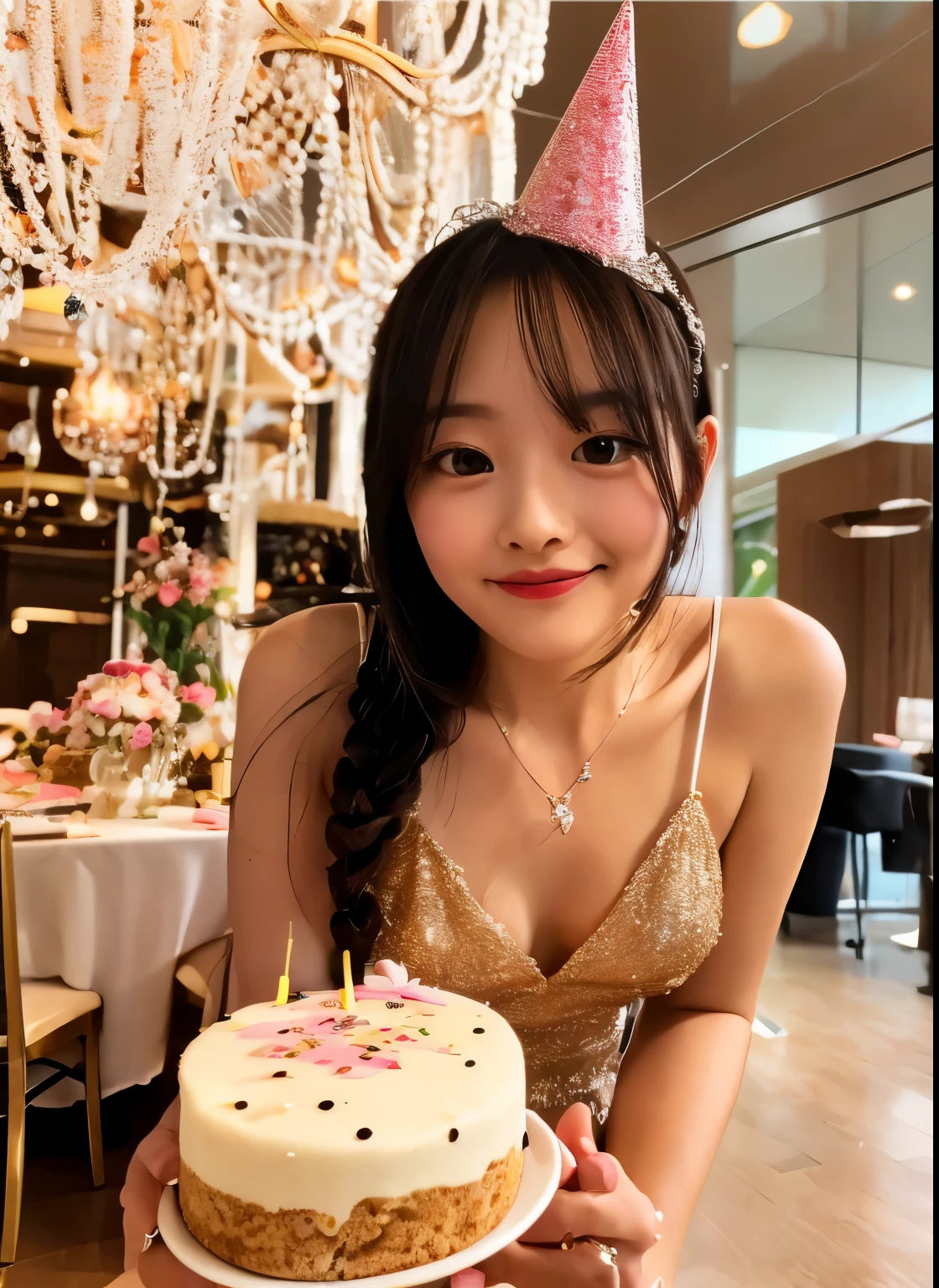 full body photo、smile、birthday party、birthday cake、sexy dress、