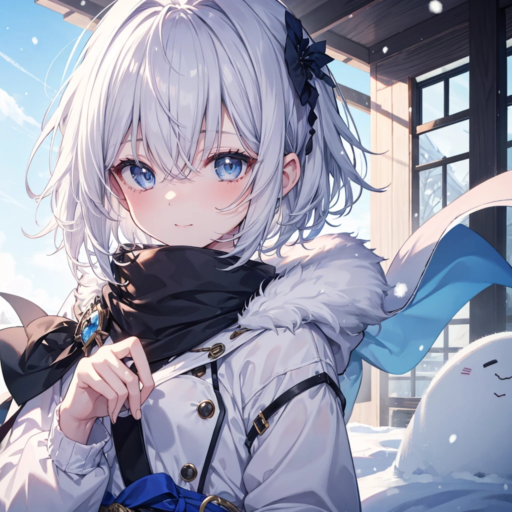 super high quality, with a girl, 20-year-old, very short hair, long bangs between the eyes, pale blue eyes , blue sky, sunlight, very detailed,(masterpiece、highest quality)、alone、gray hair、laughter、White skin as clear as snow、fantasy, silver hair, black eye, beautiful eyes,, ecstasy, charm, be smitten with audience, fantasyな風景、snow scene、white muffler、white breath