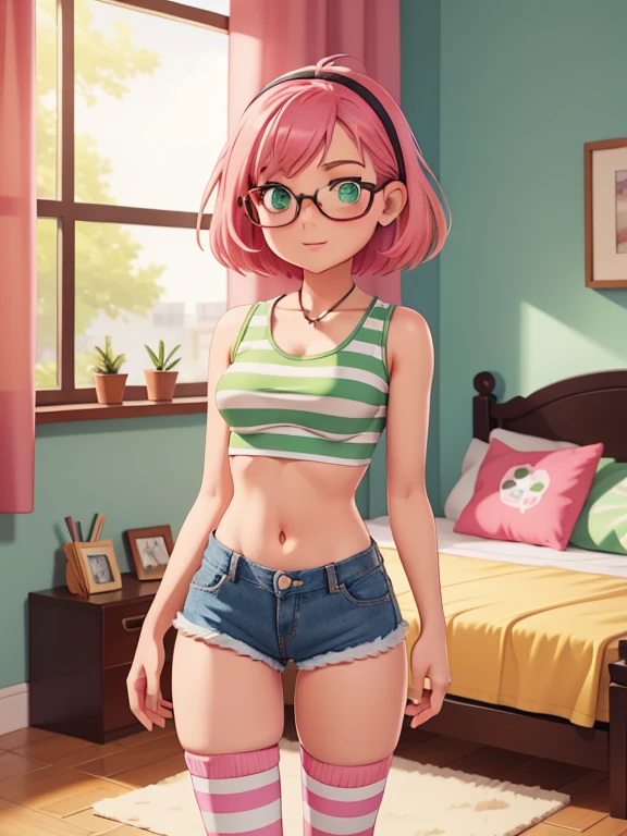 1girl, small breasts, small hips, green eyes, pink hair, crop top, denim shorts, bedroom, striped thighhighs, glasses,