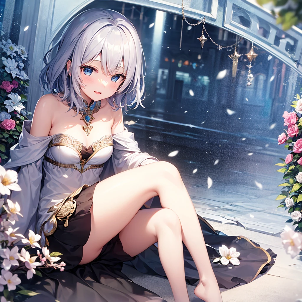 super high quality, with a girl, 20-year-old, very short hair, long bangs between the eyes, pale blue eyes , blue sky, sunlight, very detailed,(masterpiece、highest quality)、alone、gray hair、laughter、White skin as clear as snow、fantasy, silver hair, black eye, beautiful eyes,, ecstasy, charm, be smitten with audience, fantasyな風景、flower garden