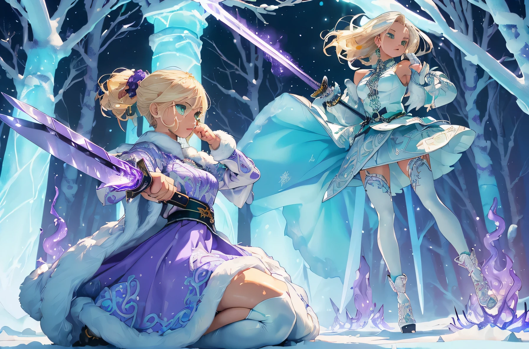 nsfw:1.1,high resolution:1.7,incredibly absurdres,kawaii:1,cute:1.5, hires.fix,incredibly fine illustration,masterpiece:1.2,best quality,high quality,exquisite,beautiful,insanely detailed,intricate detailed,extremely detailed,Super Definition,ultra high res,Super Resolution,best aesthetic, ultra detailed:1.5,best quality,perfect face,detailed face,8k cg wallpaper, stunning art,absurdres,octane render,ultra hires,1girl,cute elf,shinylips,waist slender,((anime elf with extremely cute and beautiful blond hair)),((((blond hair:1.35,undercut blond hair,short hair,colored inner hair,ear breathing)))),(((green_eyes:1.3))),intricate eyes,beautiful detailed eyes,symmetrical eyes,big eyes:1.5,enchanting bright eyes studded with gold and silver dust,(((pinky skin,glowing_skin,lustrous skin:1.5,bright skin: 1.5,skin tanned,shiny skin,very shiny skin,shiny body,plastic glitter skin,exaggerated shiny skin,illuminated skin))),upward breasts,(detailed body,(detailed face)),cute,daring,zettai ryouiki,show skin,best relationship with four fingers and one thumb,((girl trembling with sexual climax)),(((aqua fur coat, aqua fur coat outfit, wearing a ice dress:1.3,aqua winter coat))),((ice dress,elegant ice dress)),(white gloves,white clothes,(((intricate outfit,intricate clothes,embroidered outfit,ornate outfit,embroidered clothes,ornate clothes))),torn clothes,broken clothes,(((pussy))),showing her vagina,((((perfect pussy)))),(((detailed pussy))),kupaa,show off pussy,((spread pussy)),(embarrassed),(dynamic pose:1.0),(centered,scale to fit dimensions,Rule of thirds),winter,scenery:1.25,((intricate scenery)),((snow forest background)),sharp focus,(ultra detailed,extremely detailed),(photorealistic artwork:1.37),(((vibrant colors,vibrant theme))),(intricate),full body,(perfect body),standing,(purple fire:1.5), (holding purple flame sword:1.5), (holding white energy sword:1.3), (black flame katana:1.3), (swing a white flame sword:1.3), battle,fight,(action pose: 1.4),tentacles,dungeon