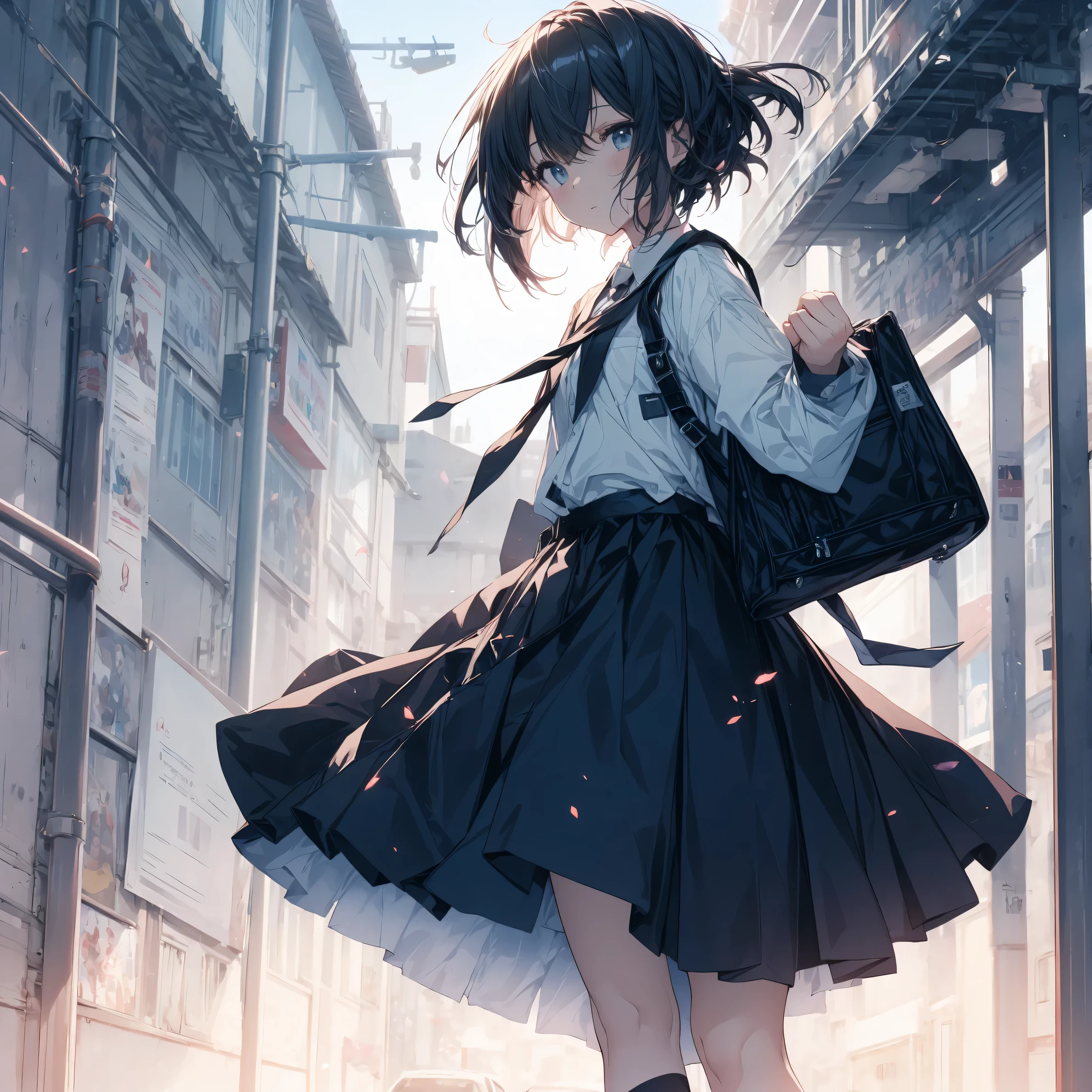 ultra-Top-quality, ultra-detailed, high resolution, anime moe artstyle, best anime 8k konachan wallpaper, pixiv contest winner, perfect anatomy, break,(Please draw a girl walking sleepily to school alone. ),break, a hyperrealistic schoolgirl, (Solo,, child,13-year-old:1.3),Full limbs, complete fingers,a junior high school student, androgynous charm, (very short hair), messy hair, flat chest, Small butt, groin, Small black eyes,beautiful detailed eyes, well-proportioned iris and pupils, disgusted eyes, highres detailed hair, , (skirt), in the School commute route. break,super detailed skin, Best lighting powered by famous artist, 8k, illustration,