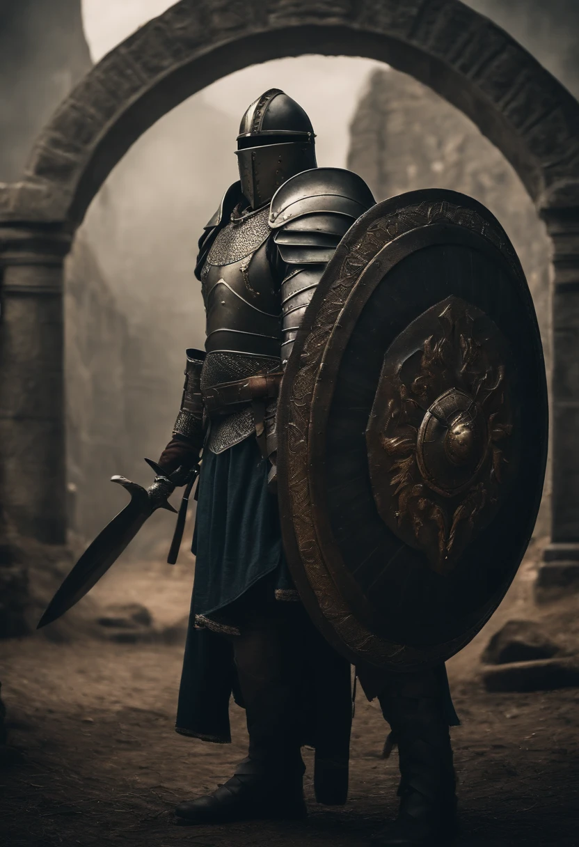 a heavily armored guard with a two-handed giant shield,giant shield, gotic, realistic fantasy