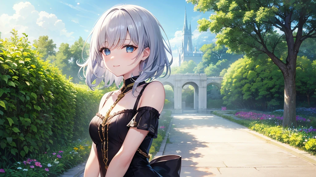super high quality, with a girl, 20-year-old, very short hair, long bangs between the eyes, pale blue eyes , blue sky, sunlight, very detailed,(masterpiece、highest quality)、alone、gray hair、laughter、White skin as clear as snow、fantasy, silver hair, black eye, beautiful eyes,, ecstasy, charm, be smitten with audience, fantasyな風景、flower garden