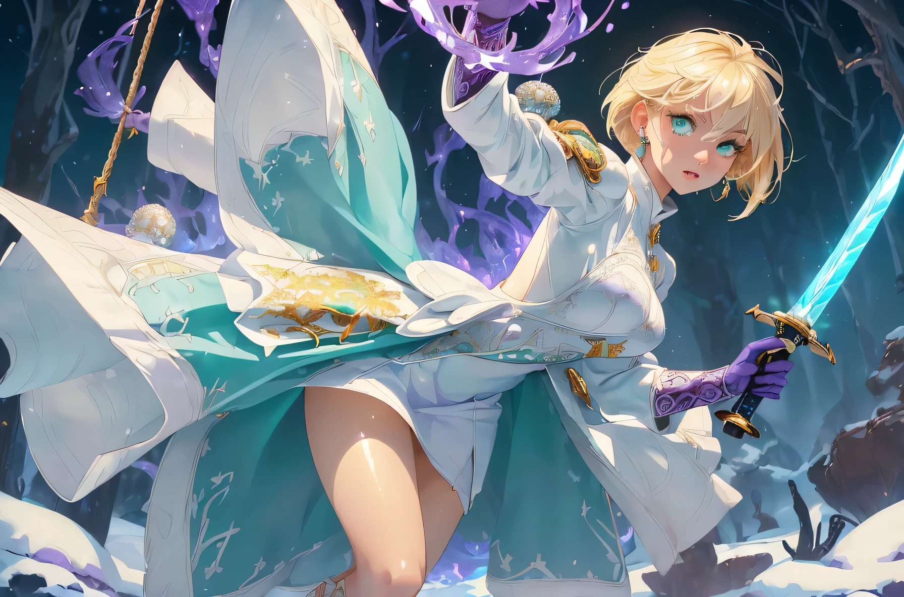 nsfw:1.1,high resolution:1.7,incredibly absurdres,kawaii:1,cute:1.5, hires.fix,incredibly fine illustration,masterpiece:1.2,best quality,high quality,exquisite,beautiful,insanely detailed,intricate detailed,extremely detailed,Super Definition,ultra high res,Super Resolution,best aesthetic, ultra detailed:1.5,best quality,perfect face,detailed face,8k cg wallpaper, stunning art,absurdres,octane render,ultra hires,1girl,cute elf,shinylips,waist slender,((anime elf with extremely cute and beautiful blond hair)),((((blond hair:1.35,undercut blond hair,short hair,colored inner hair,ear breathing)))),(((green_eyes:1.3))),intricate eyes,beautiful detailed eyes,symmetrical eyes,big eyes:1.5,enchanting bright eyes studded with gold and silver dust,(((pinky skin,glowing_skin,lustrous skin:1.5,bright skin: 1.5,skin tanned,shiny skin,very shiny skin,shiny body,plastic glitter skin,exaggerated shiny skin,illuminated skin))),upward breasts,(detailed body,(detailed face)),cute,daring,zettai ryouiki,show skin,best relationship with four fingers and one thumb,((girl trembling with sexual climax)),(((aqua fur coat, aqua fur coat outfit, wearing a ice dress:1.3,aqua winter coat))),((ice dress,elegant ice dress)),(white gloves,white clothes,(((intricate outfit,intricate clothes,embroidered outfit,ornate outfit,embroidered clothes,ornate clothes))),torn clothes,broken clothes,(((pussy))),showing her vagina,((((perfect pussy)))),(((detailed pussy))),kupaa,show off pussy,((spread pussy)),(embarrassed),(dynamic pose:1.0),(centered,scale to fit dimensions,Rule of thirds),winter,scenery:1.25,((intricate scenery)),((snow forest background)),sharp focus,(ultra detailed,extremely detailed),(photorealistic artwork:1.37),(((vibrant colors,vibrant theme))),(intricate),full body,(perfect body),standing,(purple fire:1.5), (holding purple flame sword:1.5), (holding white energy sword:1.3), (black flame katana:1.3), (swing a white flame sword:1.3), battle,fight,(action pose: 1.4),tentacles,dungeon