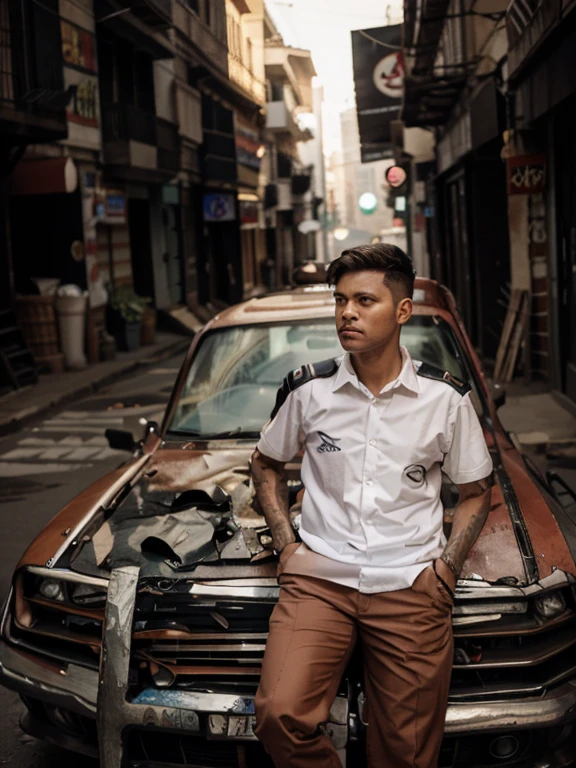Change the background car into a cyberpunk car,the boy look like futuristic
