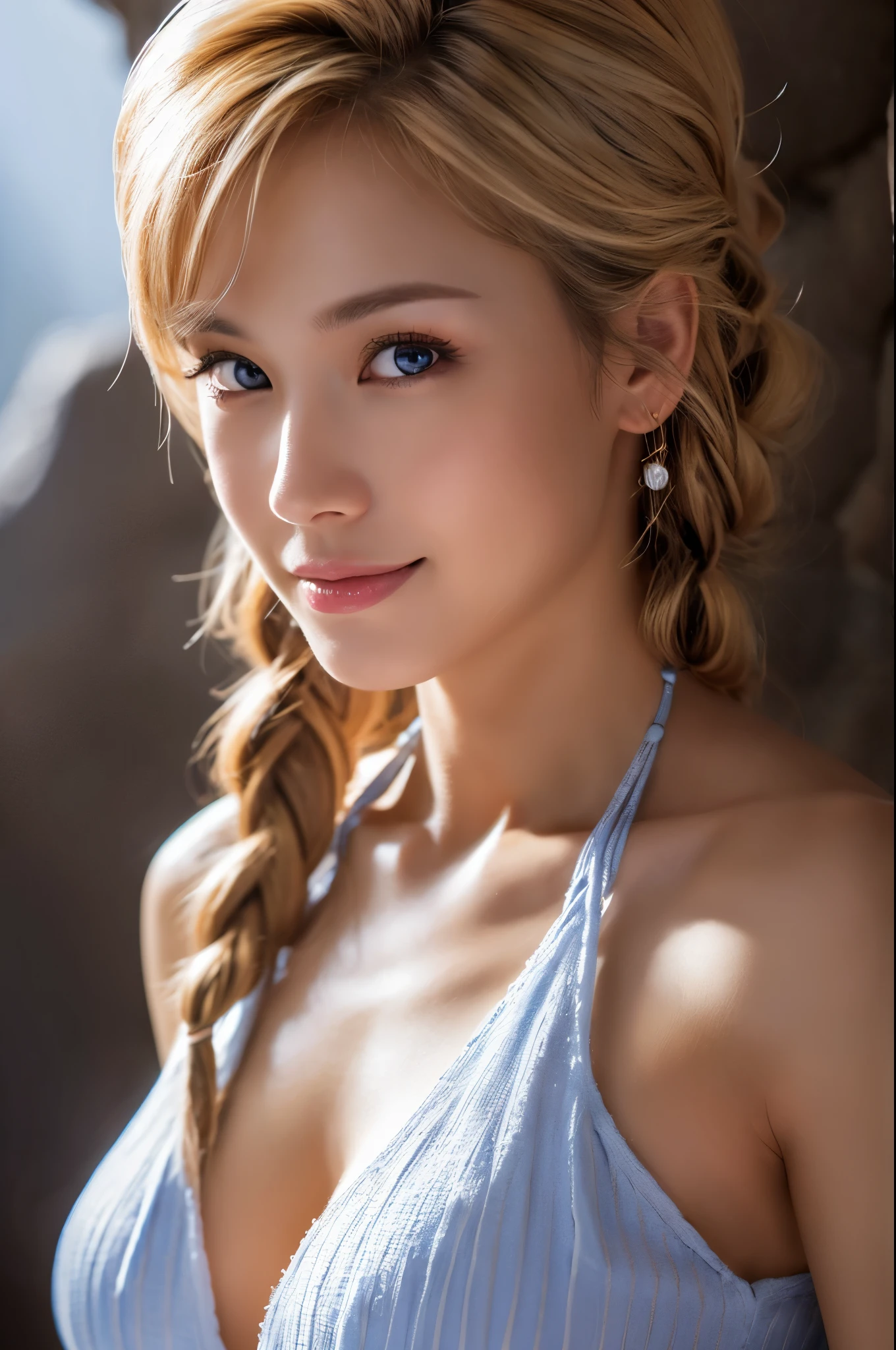 8K、top quality、table top、Super high resolution、(フォトrealistic:1.4)、1 brave woman、Super high resolution、(フォトrealistic:1.4)、female hero,blonde short perm hair、20歳のfemale hero,Super beautiful(Like the real thing)ponytail、blonde braided hair、gorgeous blue and white sexy outfit,shining muscles、inside a dark cave、clear eyes,smile,beautiful background,ultra high resolution,super realistic muscles,beautiful expression,fantasy art,realistic,super detail,ultra detail,character art,seduce the viewer,Emphasize cleavage,sexy pose,