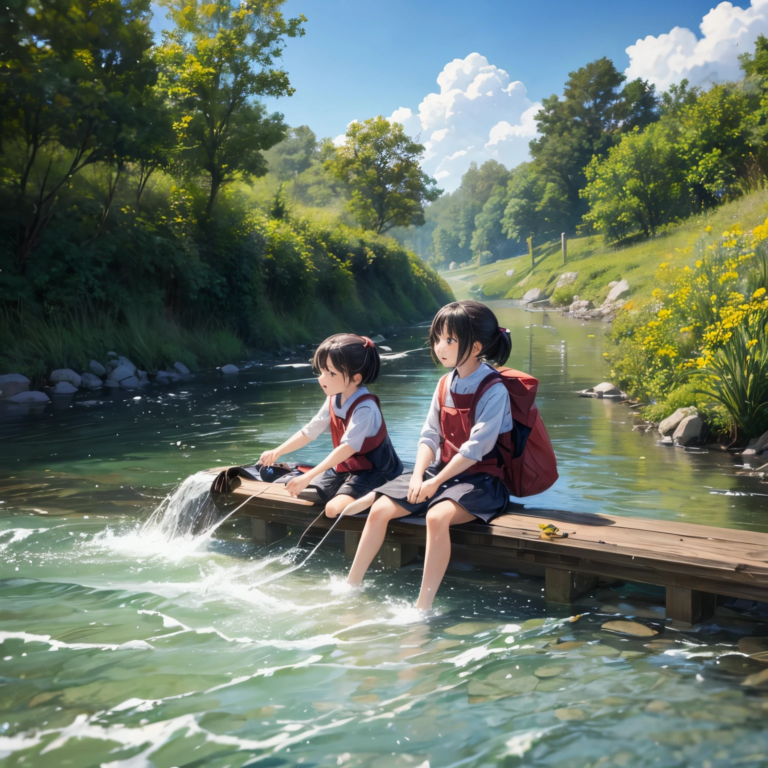 Anime scene of two girls sitting on a dock in the water - SeaArt AI