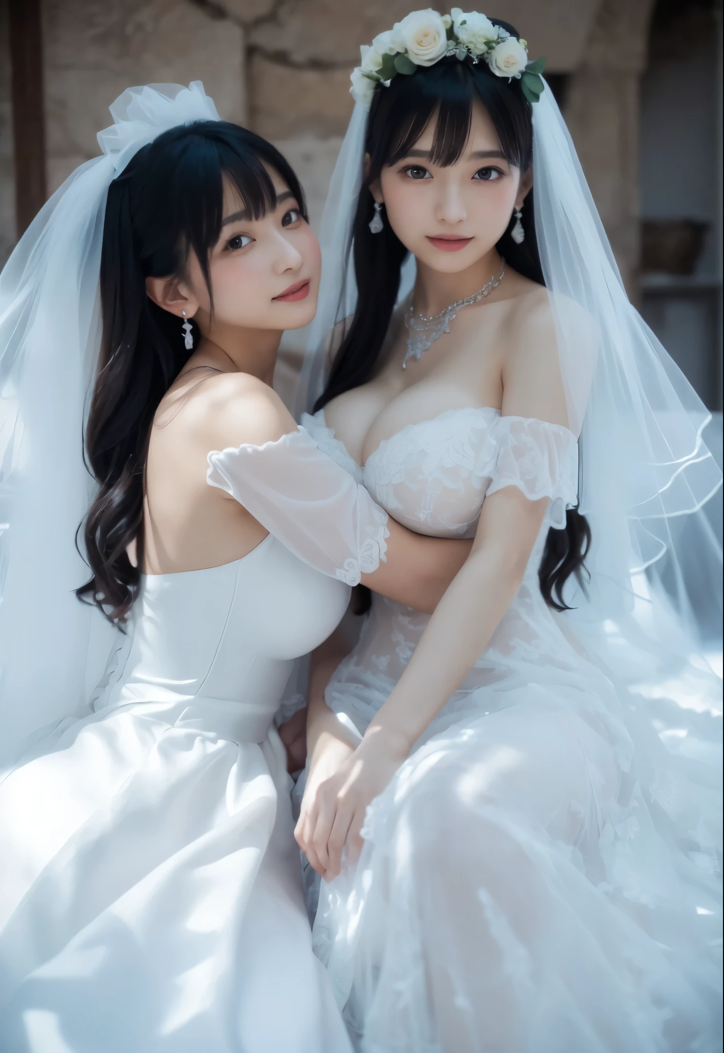 2girls,bride,embrace,Shut up,Smile,Gurwitz,(bride頭紗:1.5),(short sheer veil:1.5),Blushing face,Head flower,headgear,(tube top wedding dress:1.5),(Silk dress:1.2),(Strapless wedding dress:1.5),Bouquet,pure white dress,necklace,earrings,(large breasts:1.3),Deep V peach heart collar wedding dress,Bangs,lipstick,(lace gloves:1.3),Bust photo,High detail RAW color art,Tyndall phenomenon