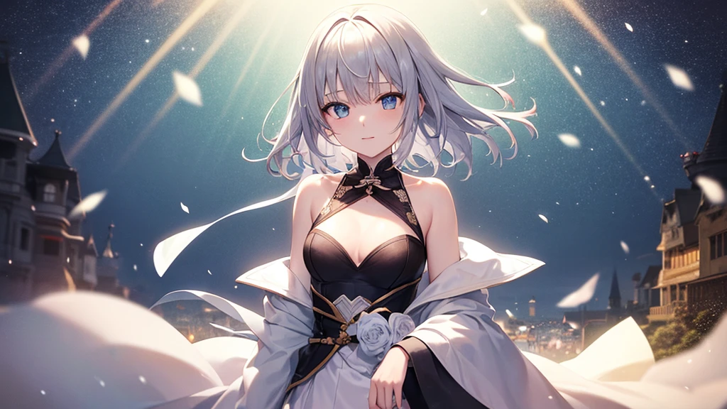 super high quality, with a girl, 20-year-old, very short hair, long bangs between the eyes, pale blue eyes , blue sky, sunlight, very detailed,(masterpiece、highest quality)、alone、gray hair、laughter、White skin as clear as snow、fantasy, silver hair, black eye, beautiful eyes,, ecstasy, charm, be smitten with audience, fantasyな風景、after the rain