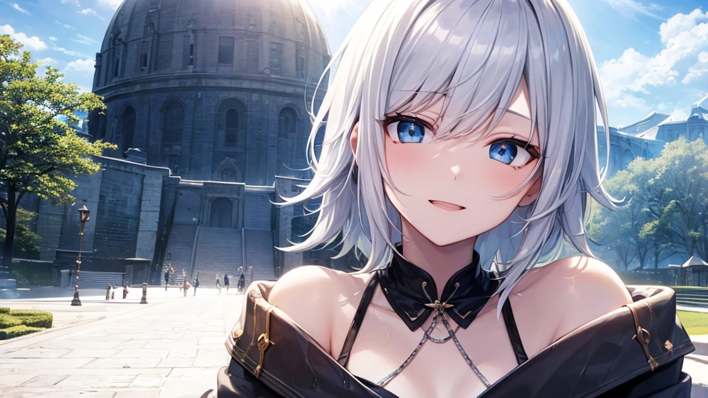 super high quality, with a girl, 20-year-old, very short hair, long bangs between the eyes, pale blue eyes , blue sky, sunlight, very detailed,(masterpiece、highest quality)、alone、gray hair、laughter、White skin as clear as snow、fantasy, silver hair, black eye, beautiful eyes,, ???????, charm, be smitten with audience, fantasyな風景、after the rain