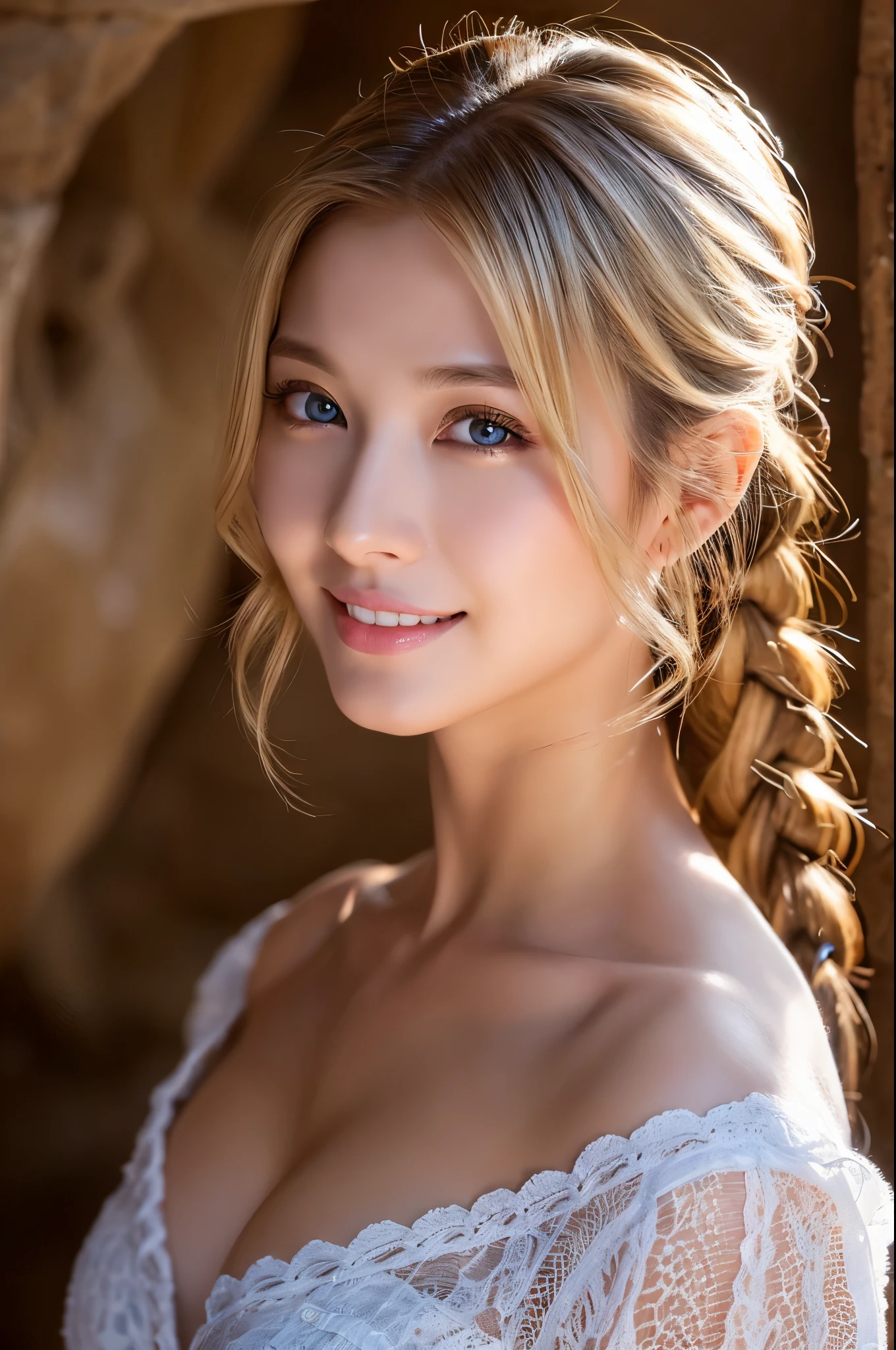 8K、top quality、table top、Super high resolution、(フォトrealistic:1.4)、1 brave woman、Super high resolution、(フォトrealistic:1.4)、female hero,blonde short perm hair、20歳のfemale hero,Super beautiful(Like the real thing)ponytail、blonde braided hair、gorgeous blue and white sexy outfit,shining muscles、inside a dark cave、clear eyes,smile,beautiful background,ultra high resolution,super realistic muscles,beautiful expression,fantasy art,realistic,super detail,ultra detail,character art,seduce the viewer,Emphasize cleavage,sexy pose,