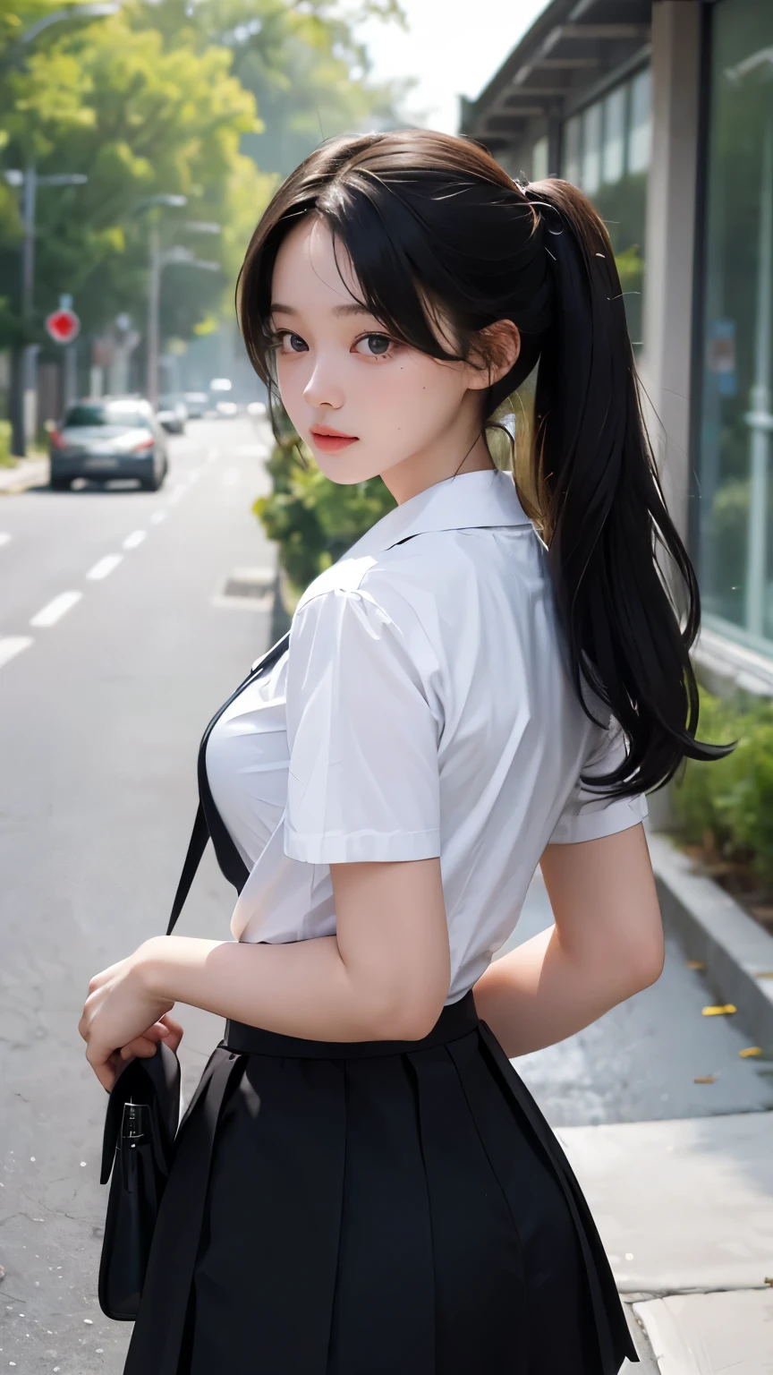 (better quality, 8k, masterpiece :1.3), gentle and kind female school student,at age 18,walking beside of me,dark eyes,big breasts,skirt,(from beside pov:1.3)