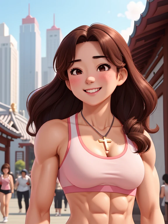 attractive korean woman, ripped muscle, muscular body, small breast, pale skin, smile(blush), sports bra, cross necklace, sixpack abs, [ultra detailed skin:1.2], brown hair, wavy hair, 8k uhd, pussy, full body, crowd, public, temple, standing,