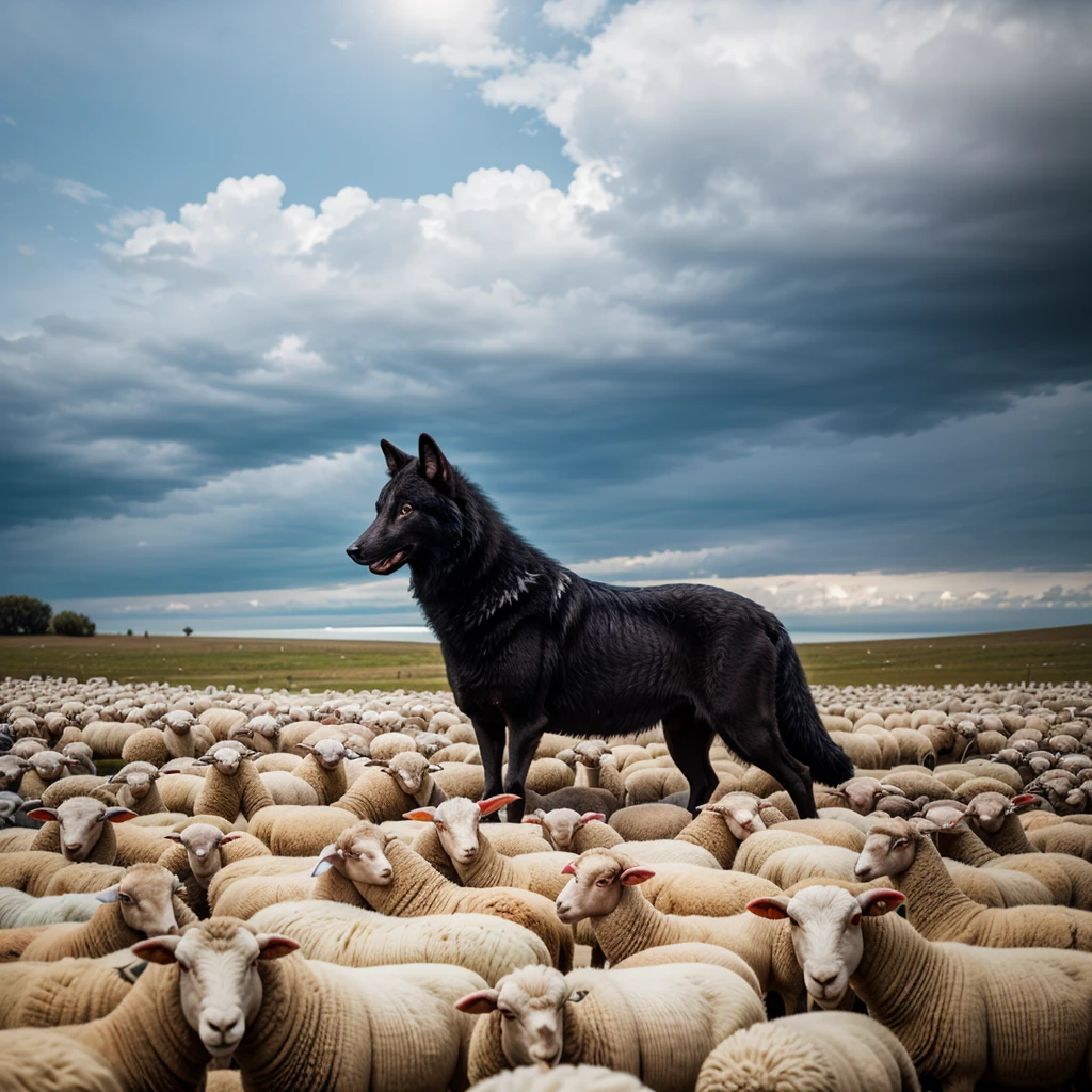 a gigantic black wolf stands in a huge flock of white sheep, outdoor, clear cloudy sky, (a huge flock of white sheep), high details, photorealistic,