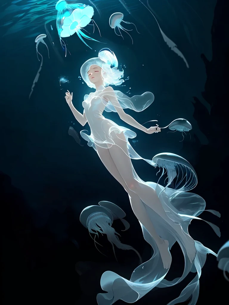 girl，Translucent body，long white hair，Beautiful as a siren，Wearing a white dress，whole body，Exquisite facial features，Close your eyes，Surrounded by glowing jellyfish，In the deep sea，Exquisite details，Empty inspiration，Clear picture，A masterpiece