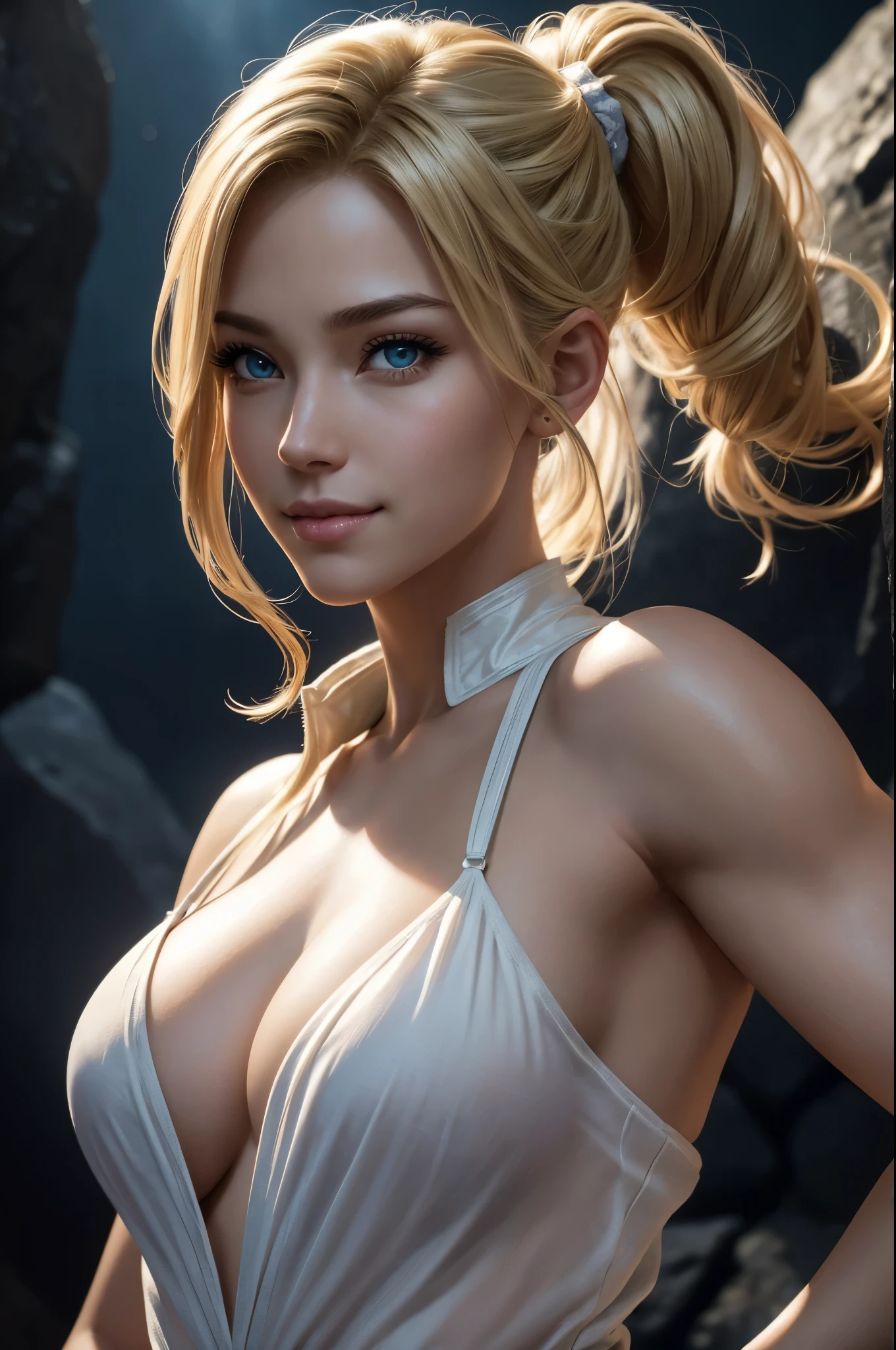 8K、top quality、table top、Super high resolution、(フォトrealistic:1.4)、1 brave woman、Super high resolution、(フォトrealistic:1.4)、female hero,blonde short perm hair、20歳のfemale hero,Super beautiful(Like the real thing)ponytail、blonde braided hair、gorgeous blue and white sexy outfit,shining muscles、inside a dark cave、clear eyes,smile,beautiful background,ultra high resolution,super realistic muscles,beautiful expression,fantasy art,realistic,super detail,ultra detail,character art,seduce the viewer,Emphasize cleavage,sexy pose,