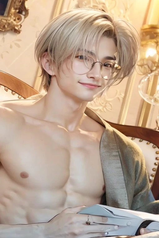guy with glasses and no shirt sitting in a chair, ((wearing aristocrat robe)), delicate androgynous prince, handsome man, realistic golden eyes, mole under the right eye, realistic firm chest and six pack abs, smiling with slight blush, reading on a paper