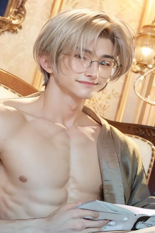 guy with glasses and no shirt sitting in a chair, ((wearing aristocrat robe)), delicate androgynous prince, handsome man, realistic golden eyes, mole under the right eye, realistic firm chest and six pack abs, smiling with slight blush, reading on a paper 